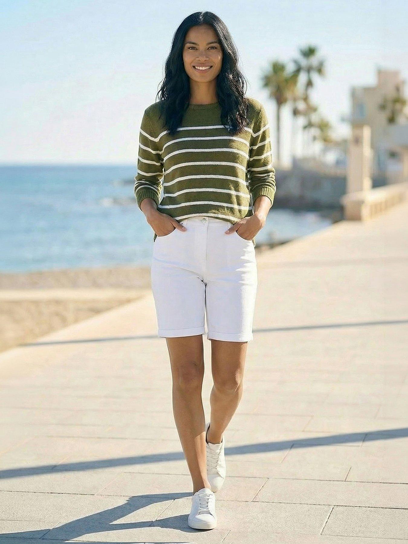 Roman Women's Khaki Slash Neck Stripe Knit Jumper In | Size: Medium - Image 2