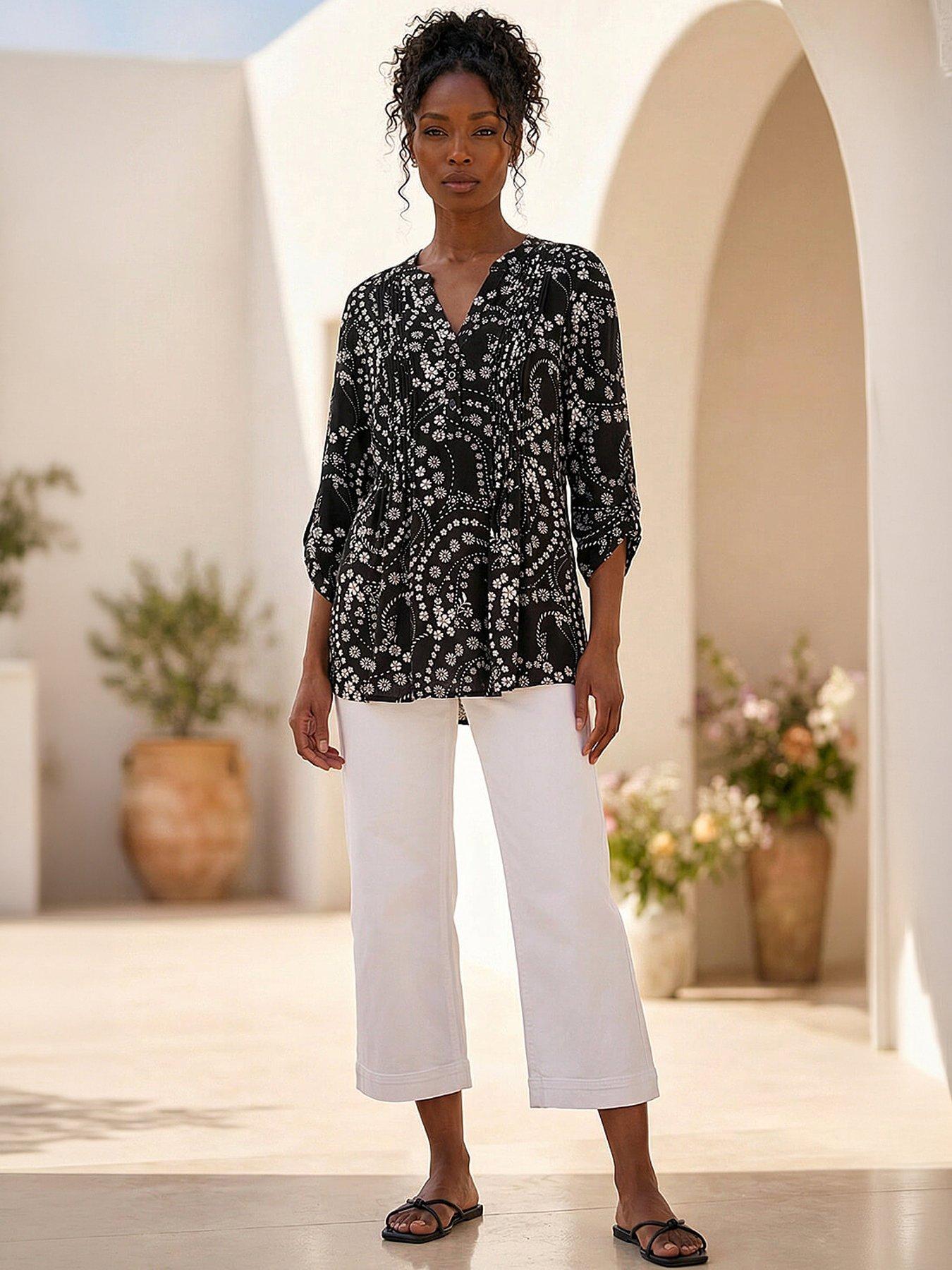 Roman Ditsy Print Pintuck Stretch Shirt, Black, Size 10, Women