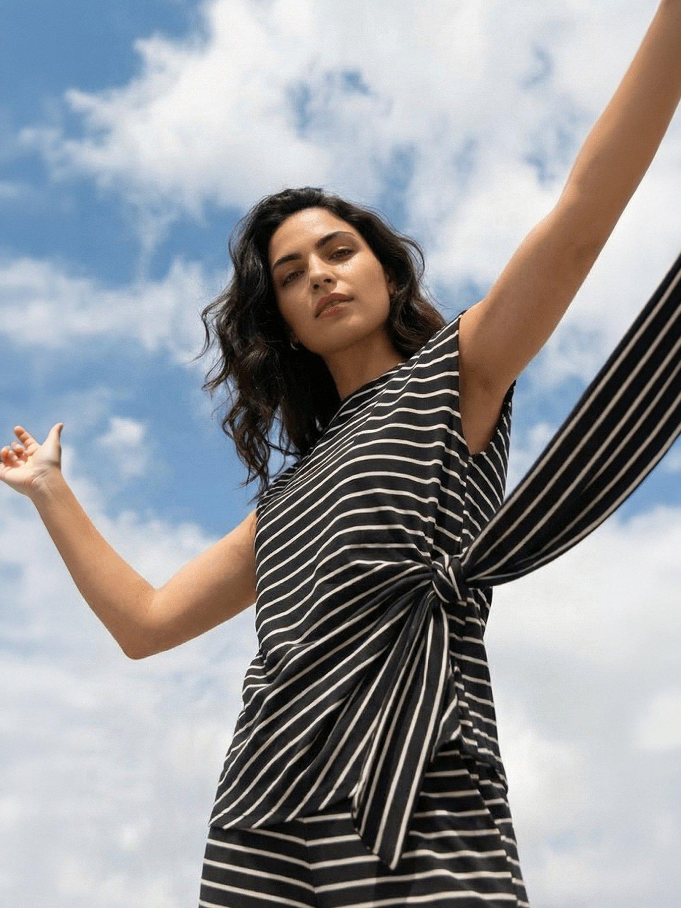 Image 1 of 5 of Roman Dusk Stripe Tie Waist Stretch Top