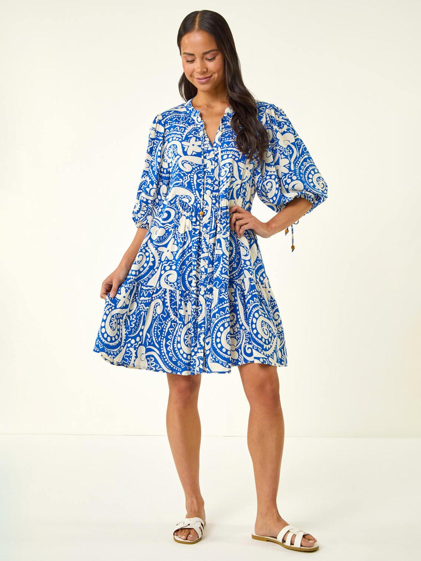 Roman Petite Print Button Smock Dress