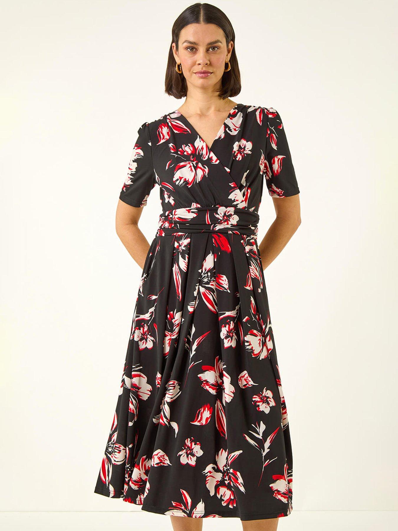 Roman Floral Print Wrap Midi Stretch Dress