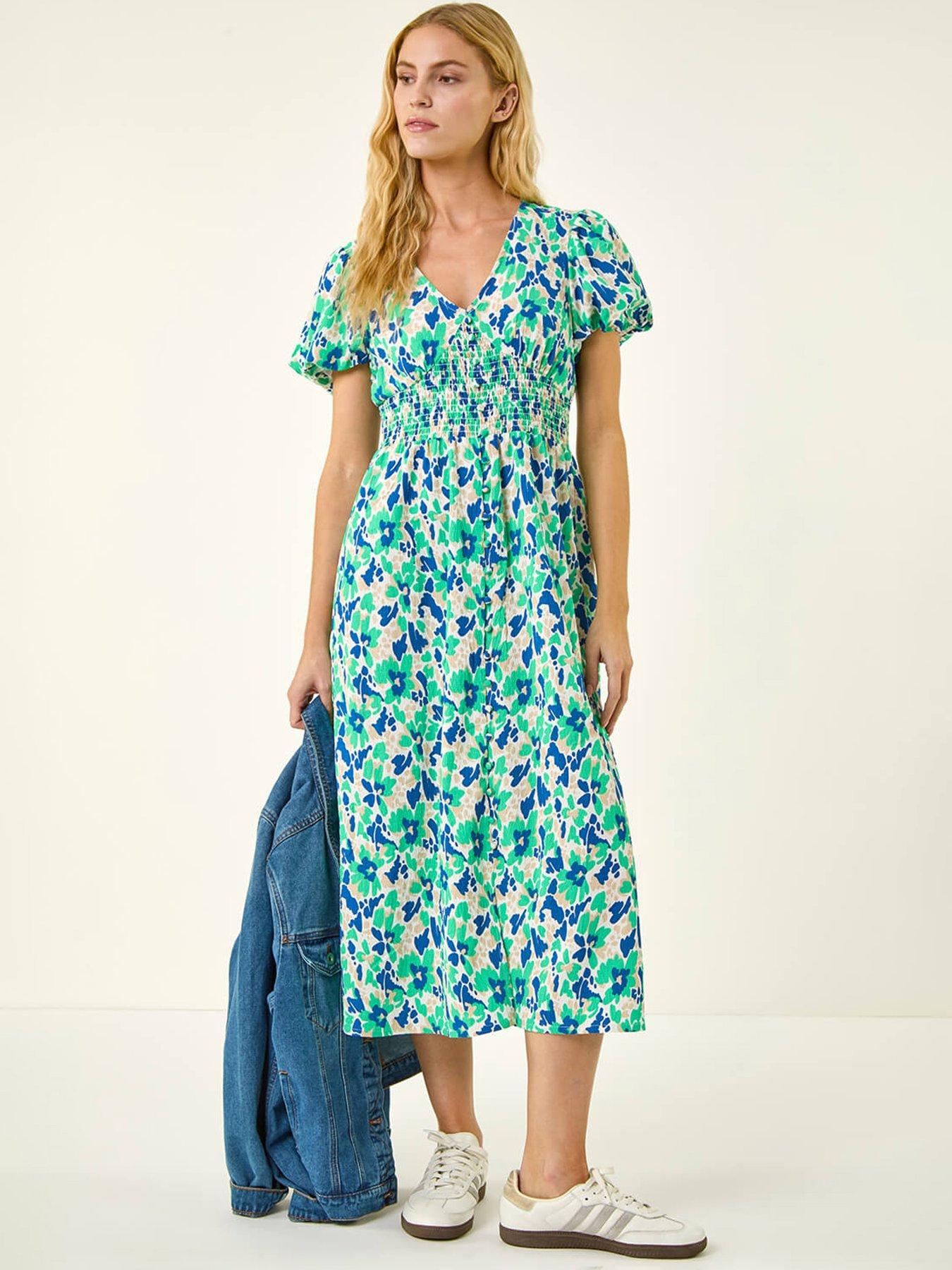 Roman Abstract Shirred Waist Midi Dress