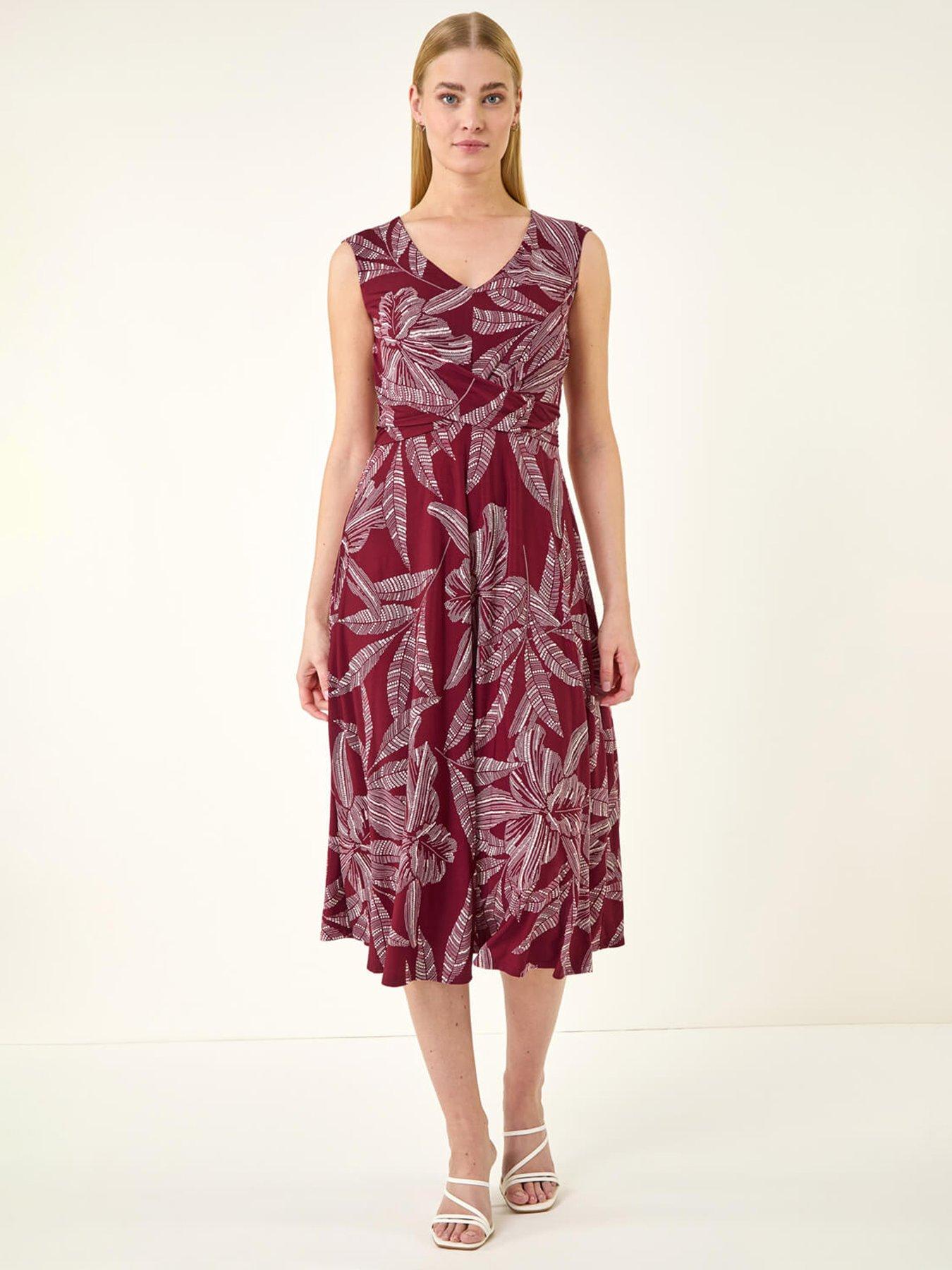 Roman Leaf Print Twist Front Stretch Dress