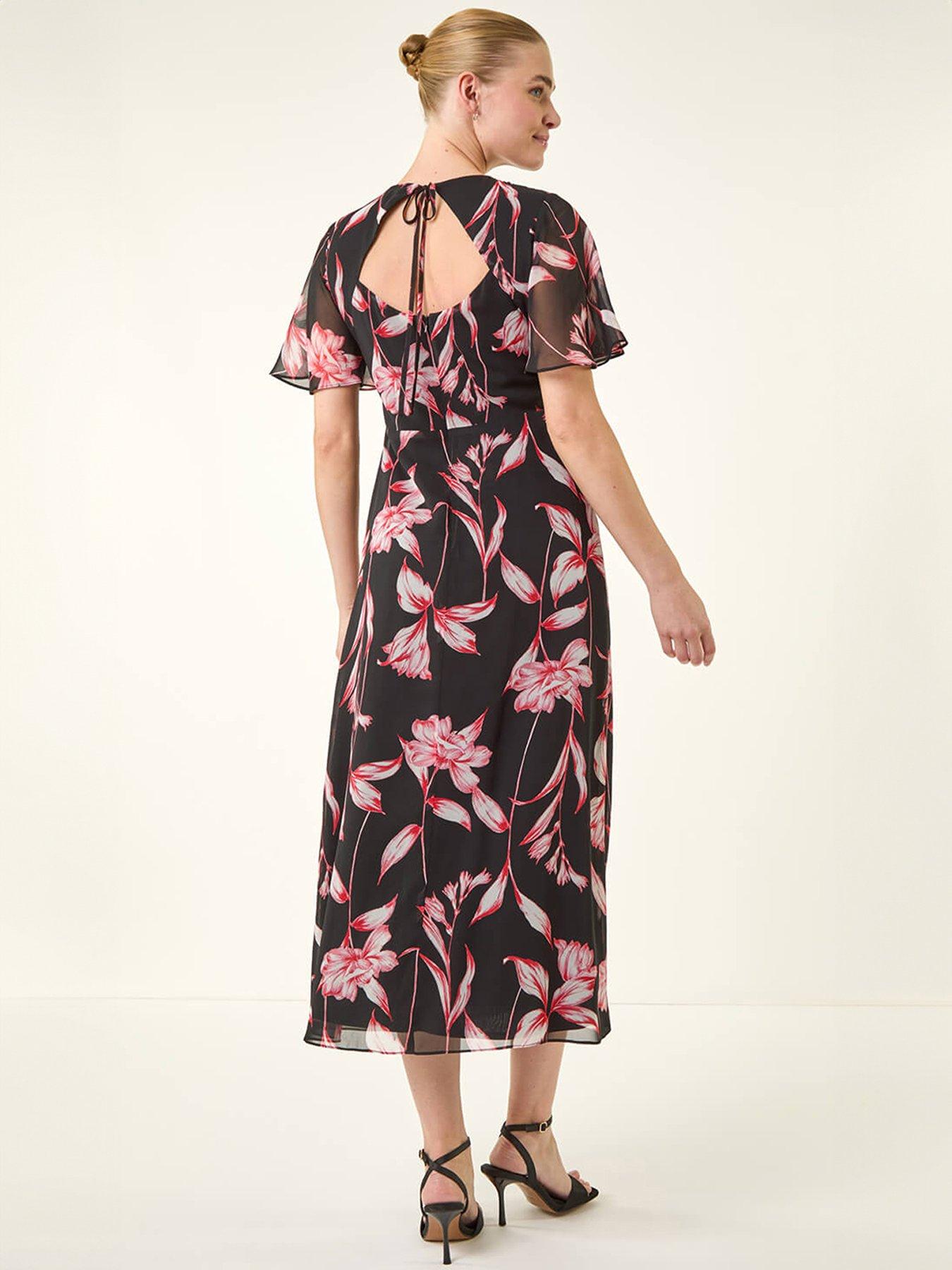 Roman Floral Flutter Sleeve Dress, Red, Size 14, Women