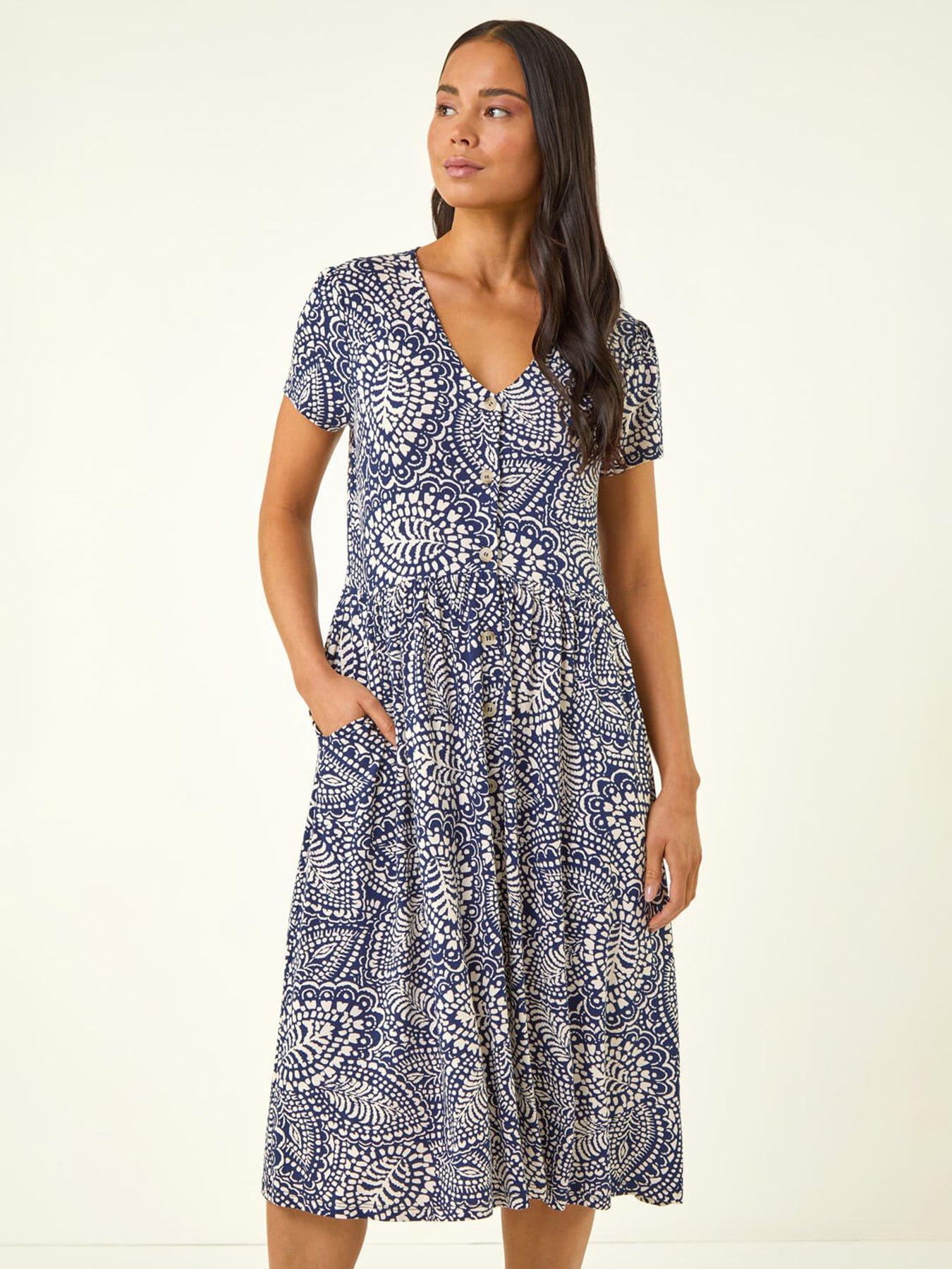 Roman Petite Abstract Button Pocket Stretch Dress