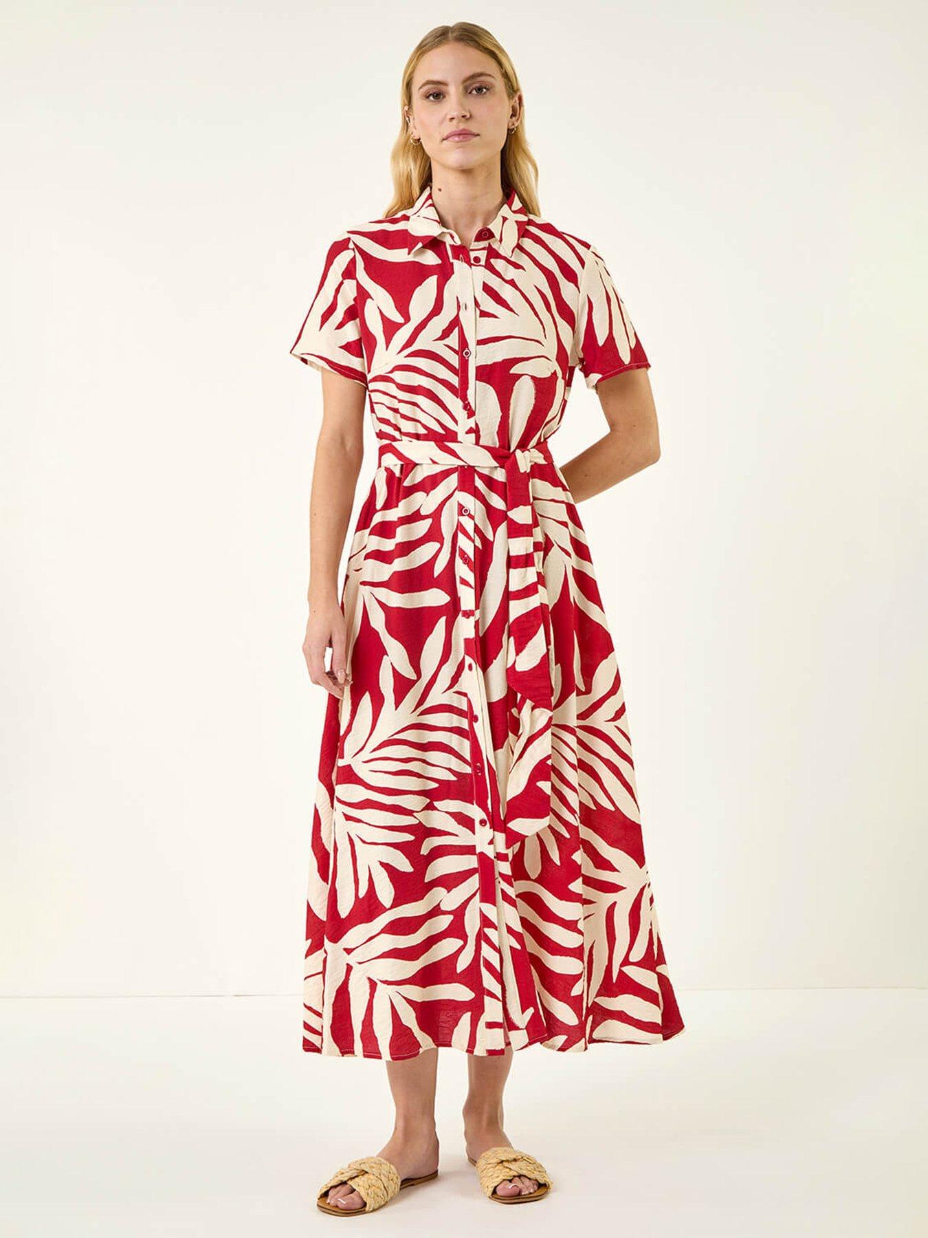 Roman Leaf Print Belted Midi Shirt Dress