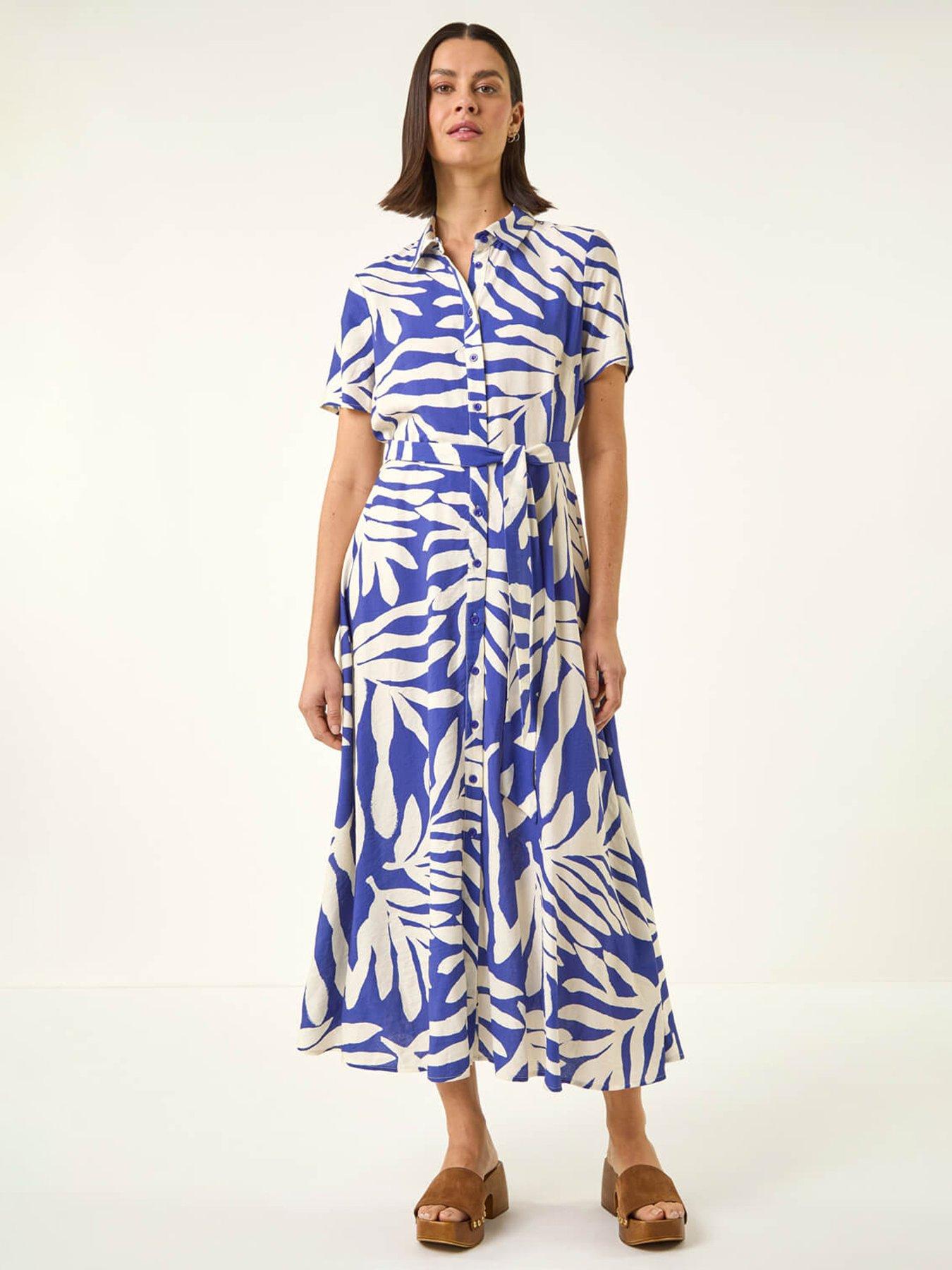 Roman Leaf Print Belted Midi Shirt Dress
