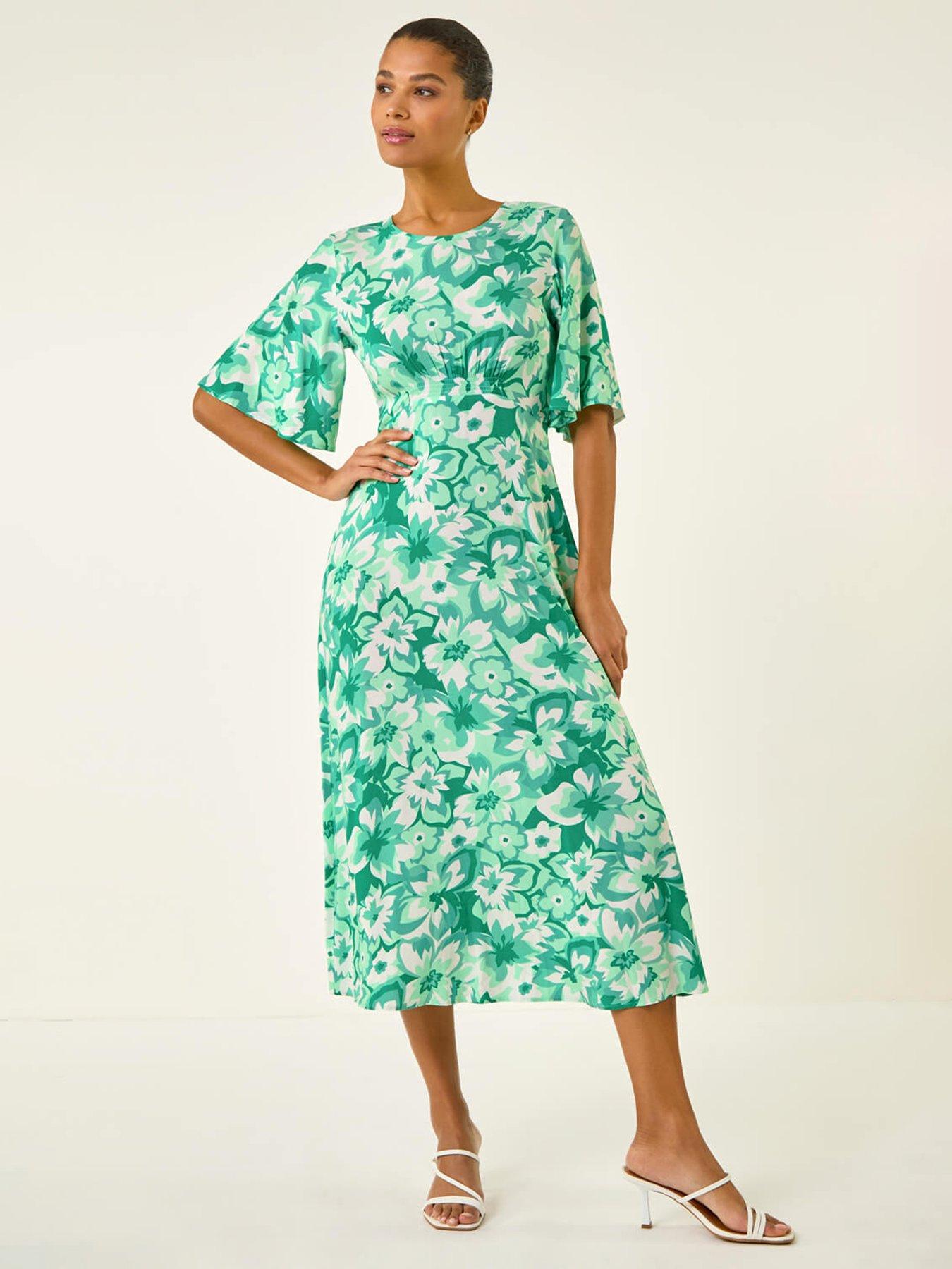 Roman Floral Print Angel Sleeve Midi Dress