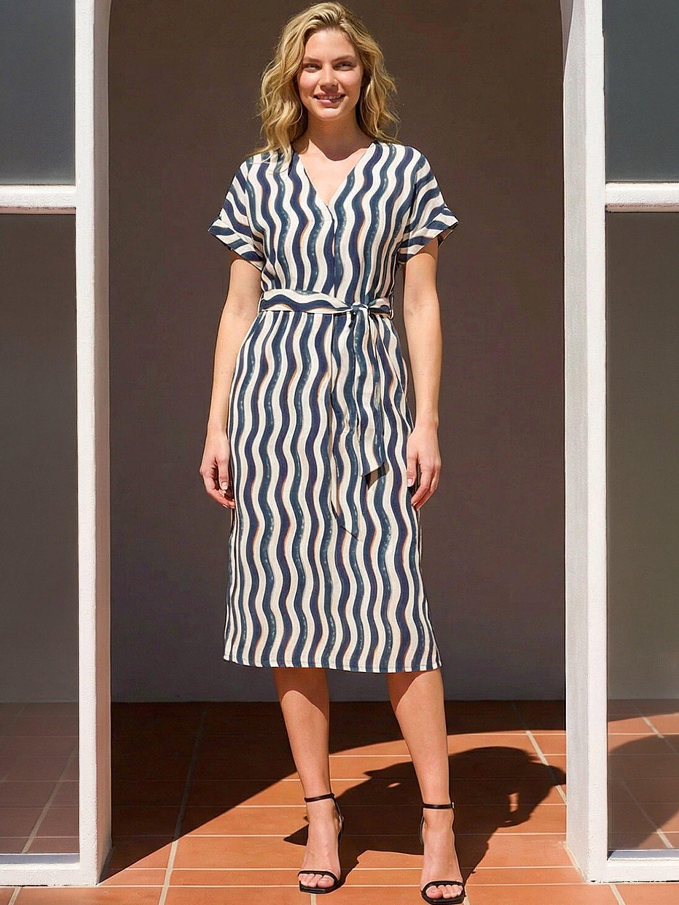 Roman Wave Print Belted Midi Dress, Blue, Size 14, Women