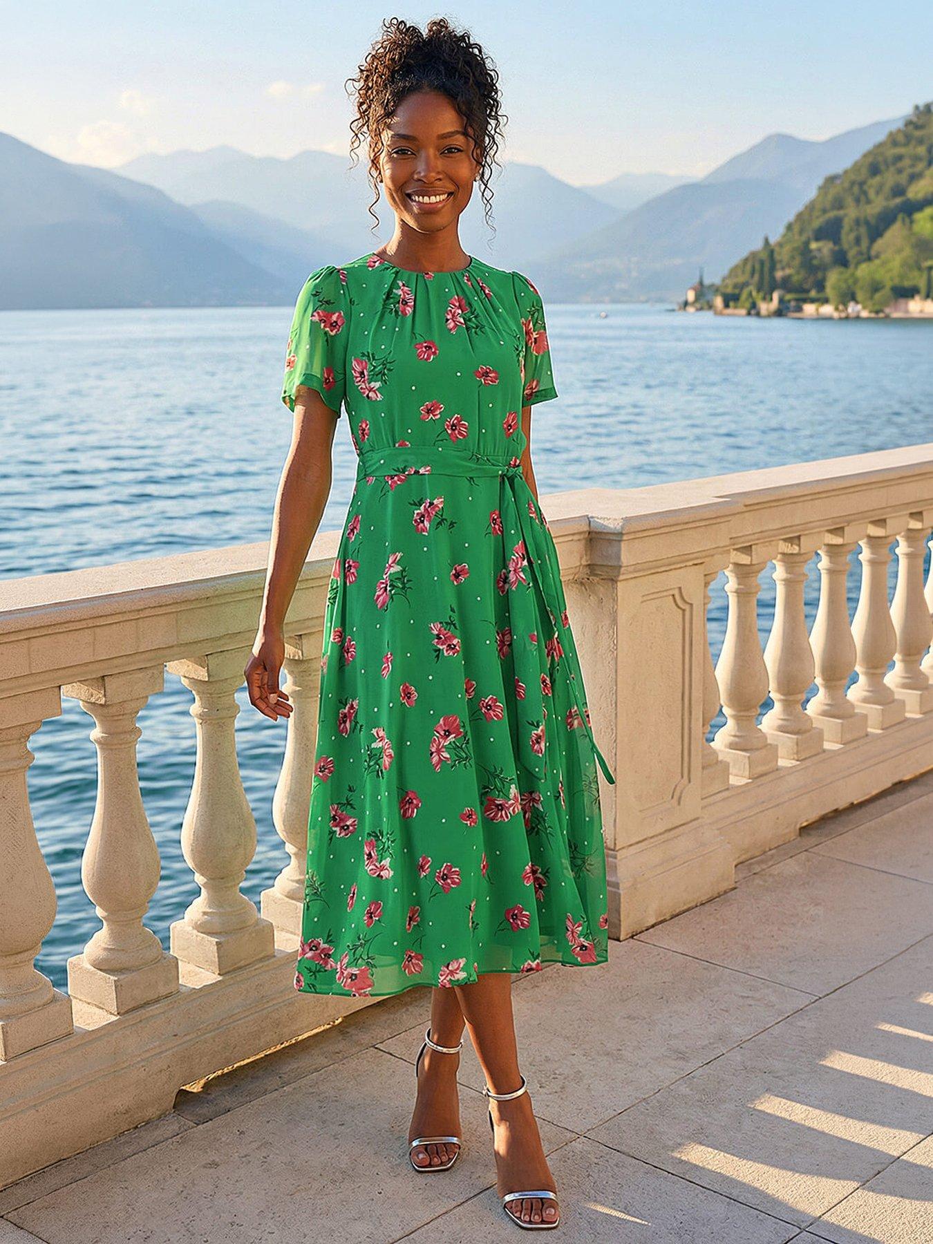 Image 1 of 5 of Roman Floral Chiffon Pleated Dress