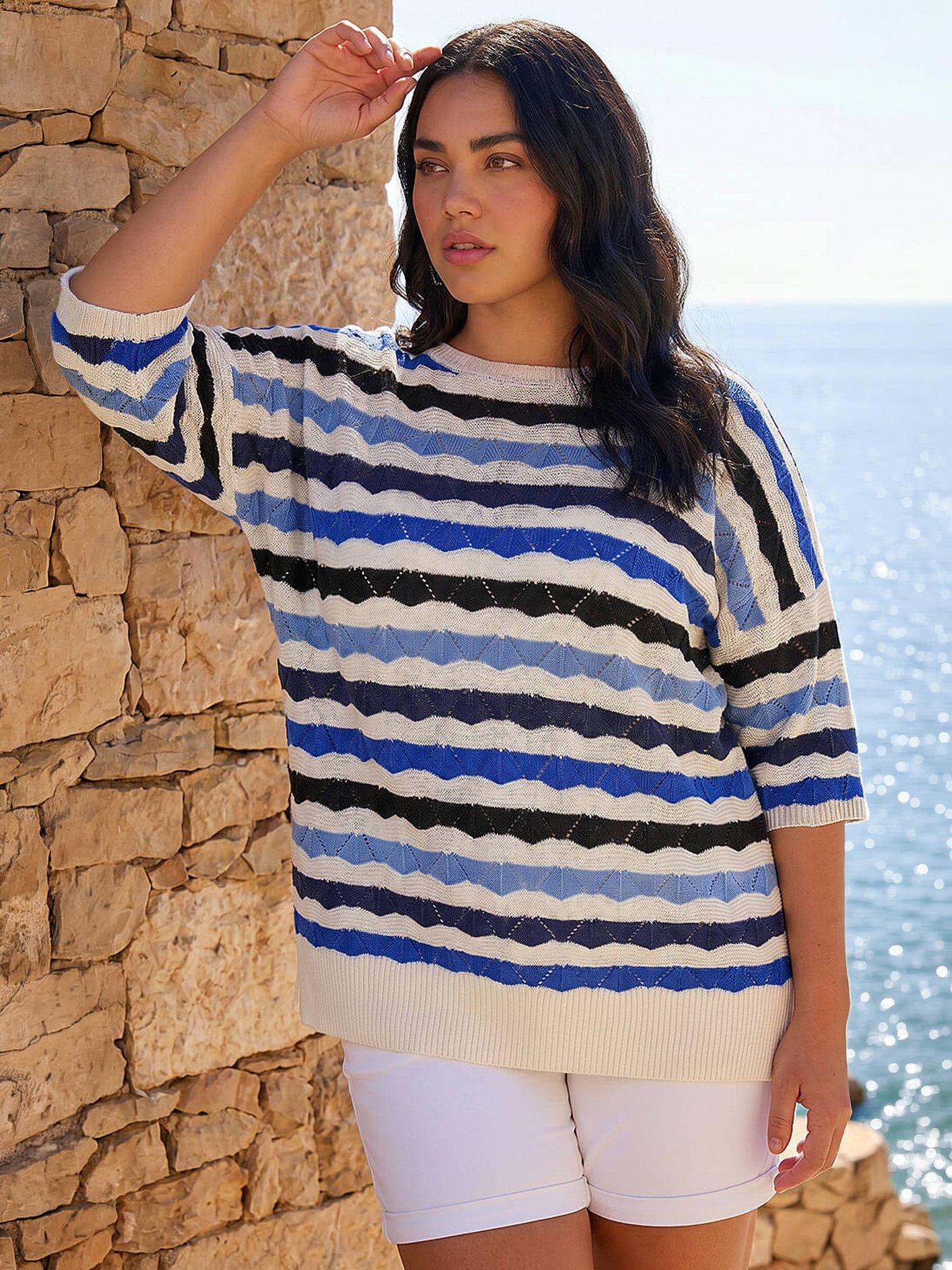 Roman Curve Wave Stripe Jumper, Blue, Size 22-24, Women