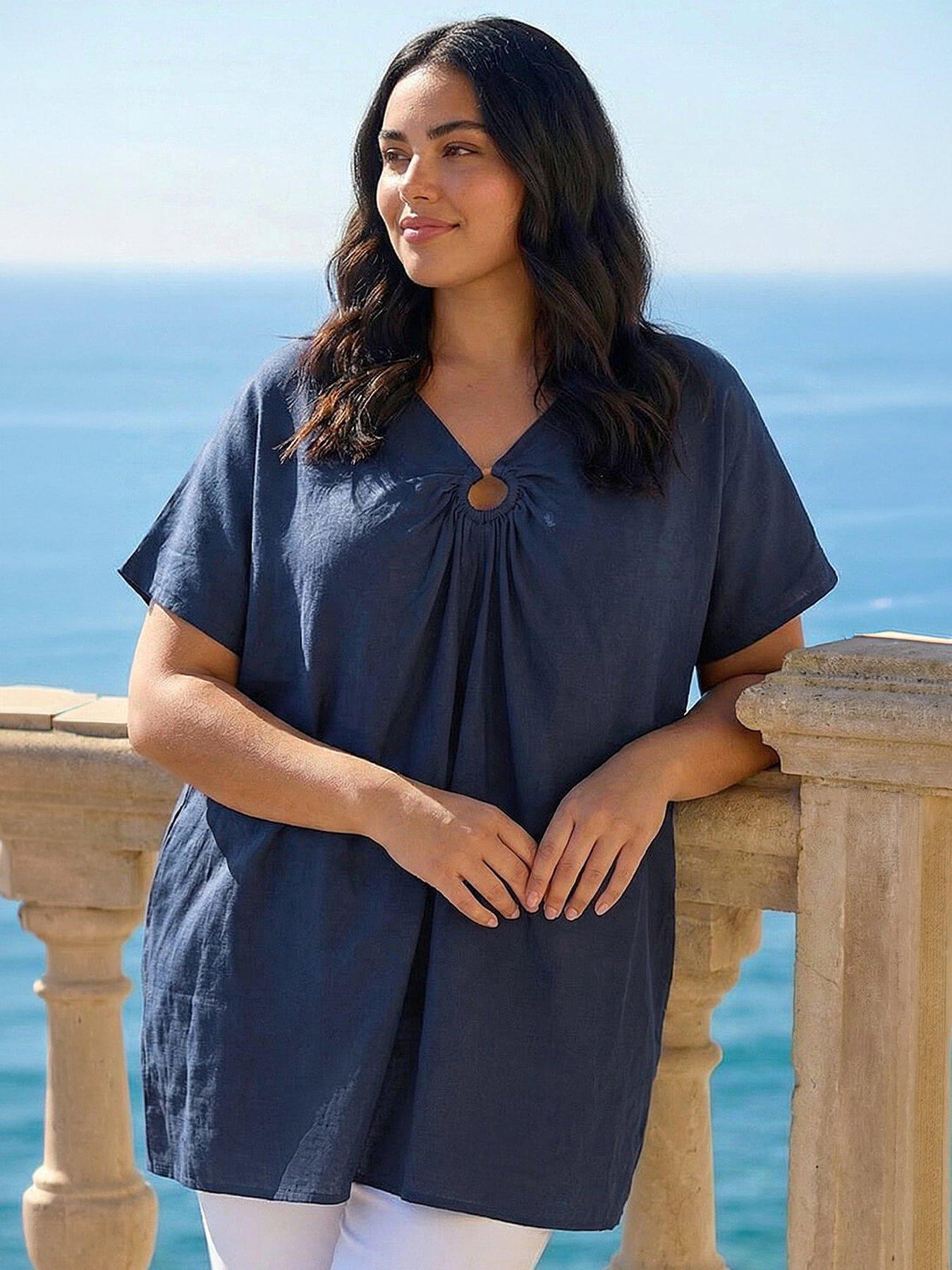 Roman Curve Ring Front Oversized Top, Blue, Size 26-28, Women