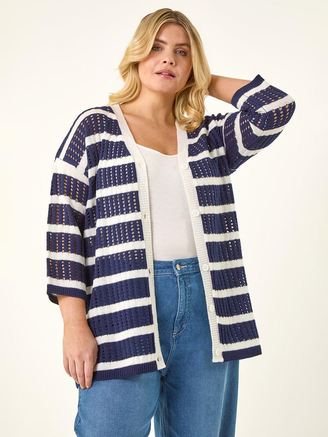 Roman Curve Stripe Crochet Knit Cardigan