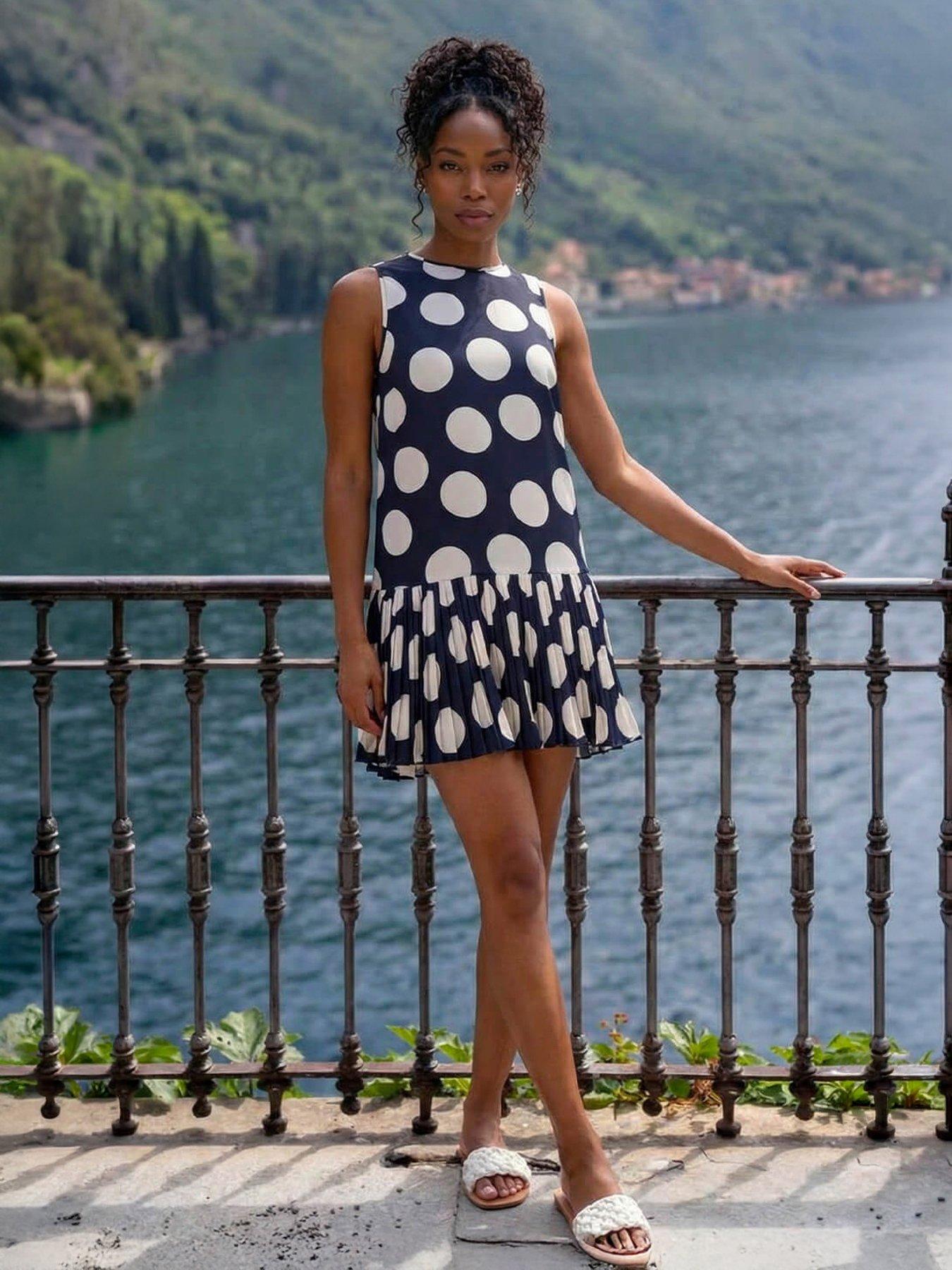 Roman Spot Print Pleated A-line Dress, Blue, Size 20, Women