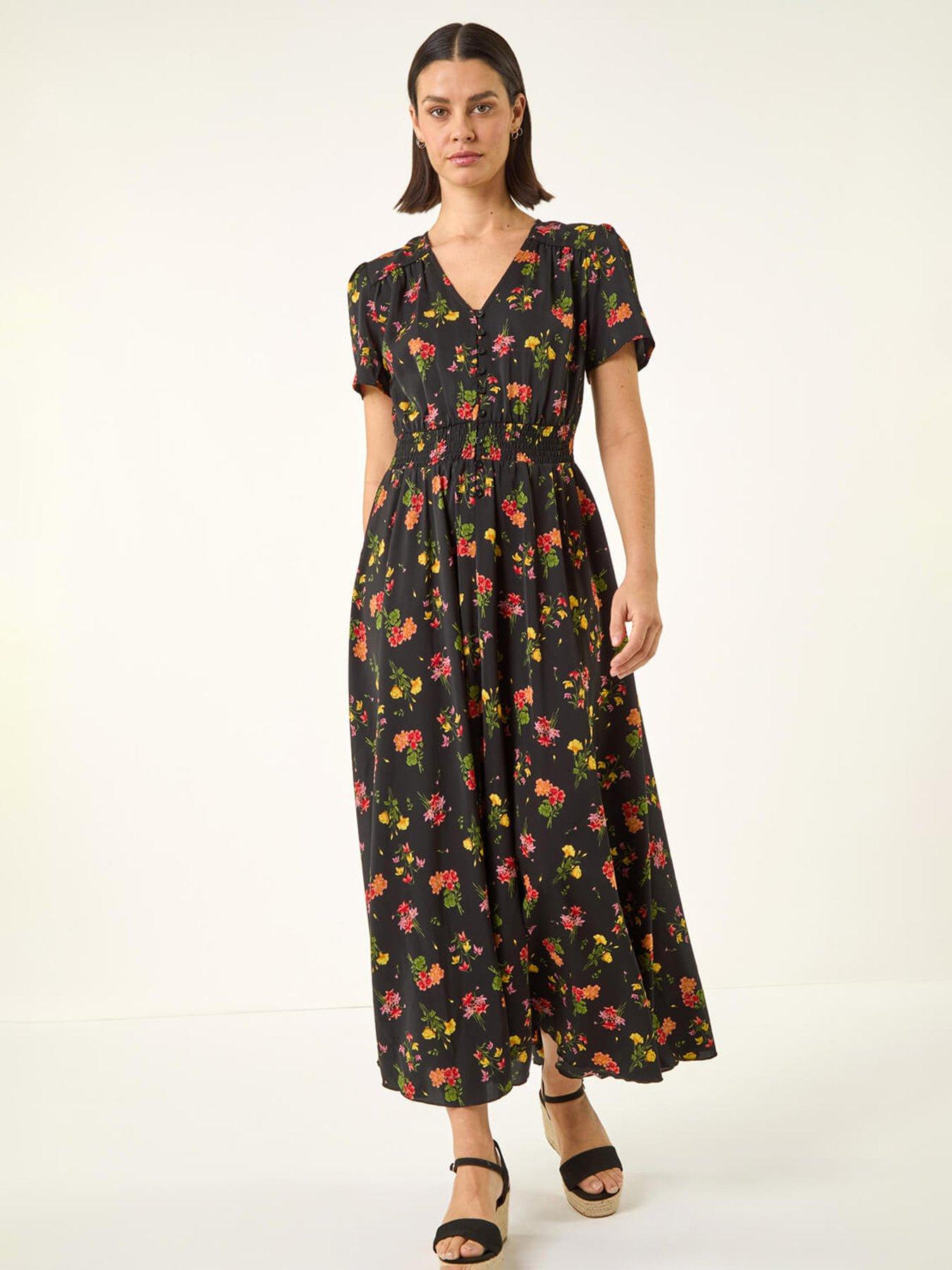 Roman Floral Print Buttoned Midi Dress, Black, Size 14, Women