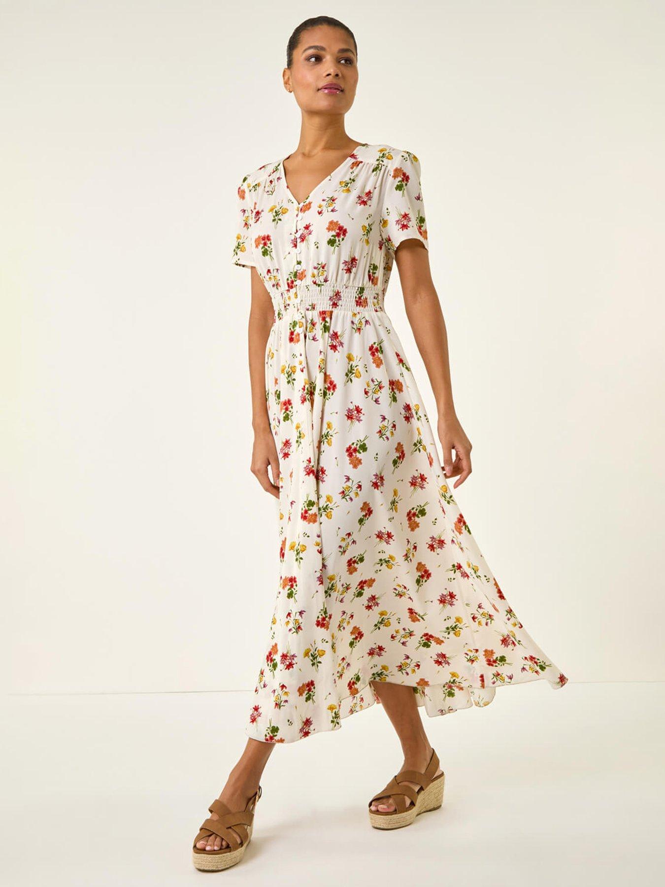 Image 1 of 5 of Roman Floral Print Buttoned Midi Dress