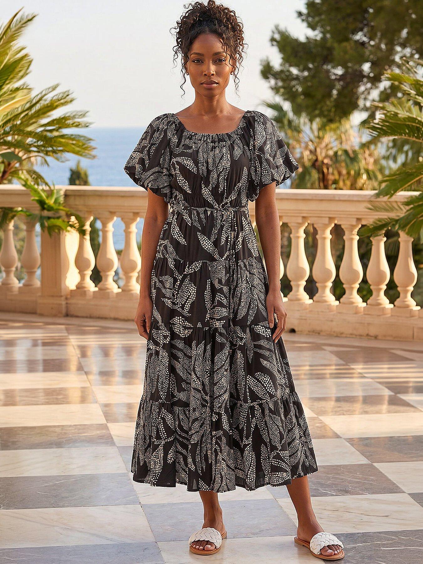 Image 3 of 4 of Roman Dotted Leaf Print Midi Dress