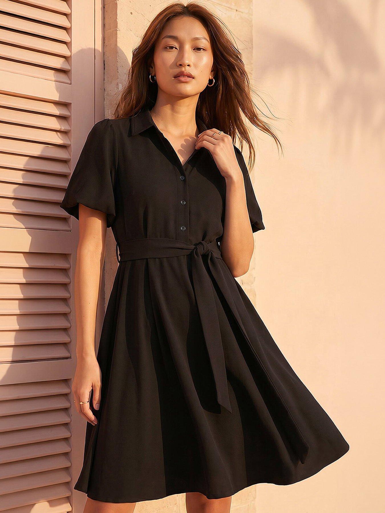 Roman Belted Puff Sleeve Short Dress