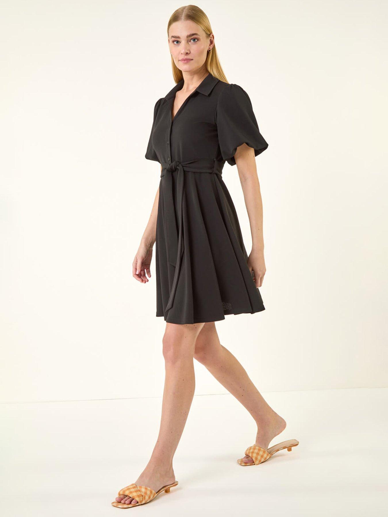 Image 1 of 5 of Roman Belted Puff Sleeve Short Dress