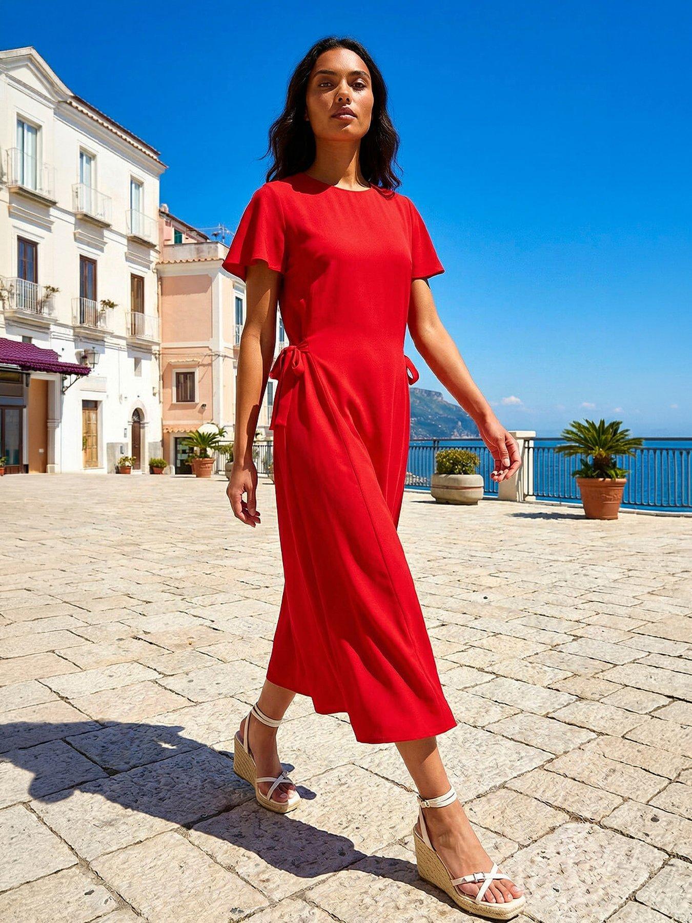 Roman Side Tie Detail Midi Dress, Red, Size 12, Women