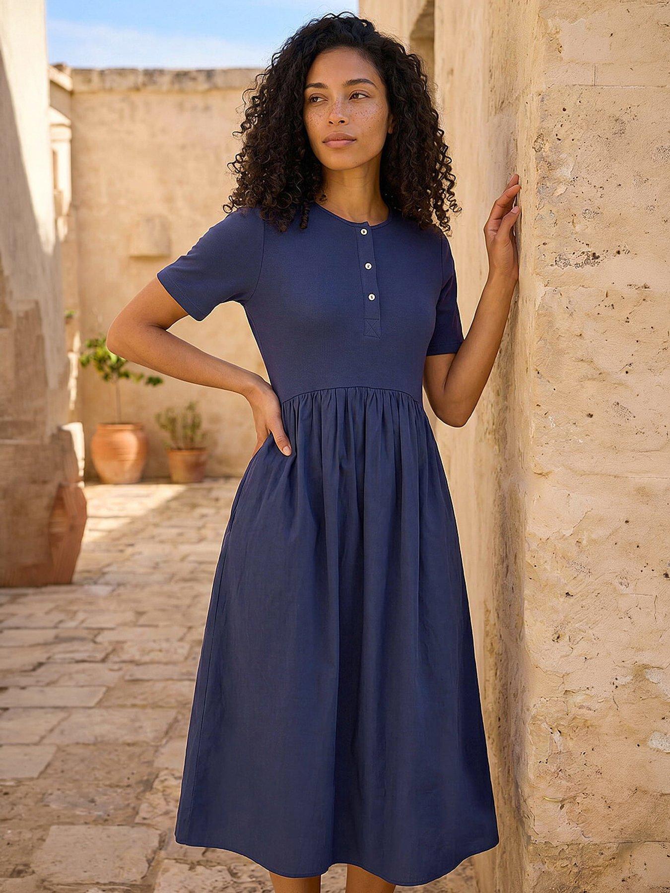 Roman Buttoned Pocket Stretch Midi Dress