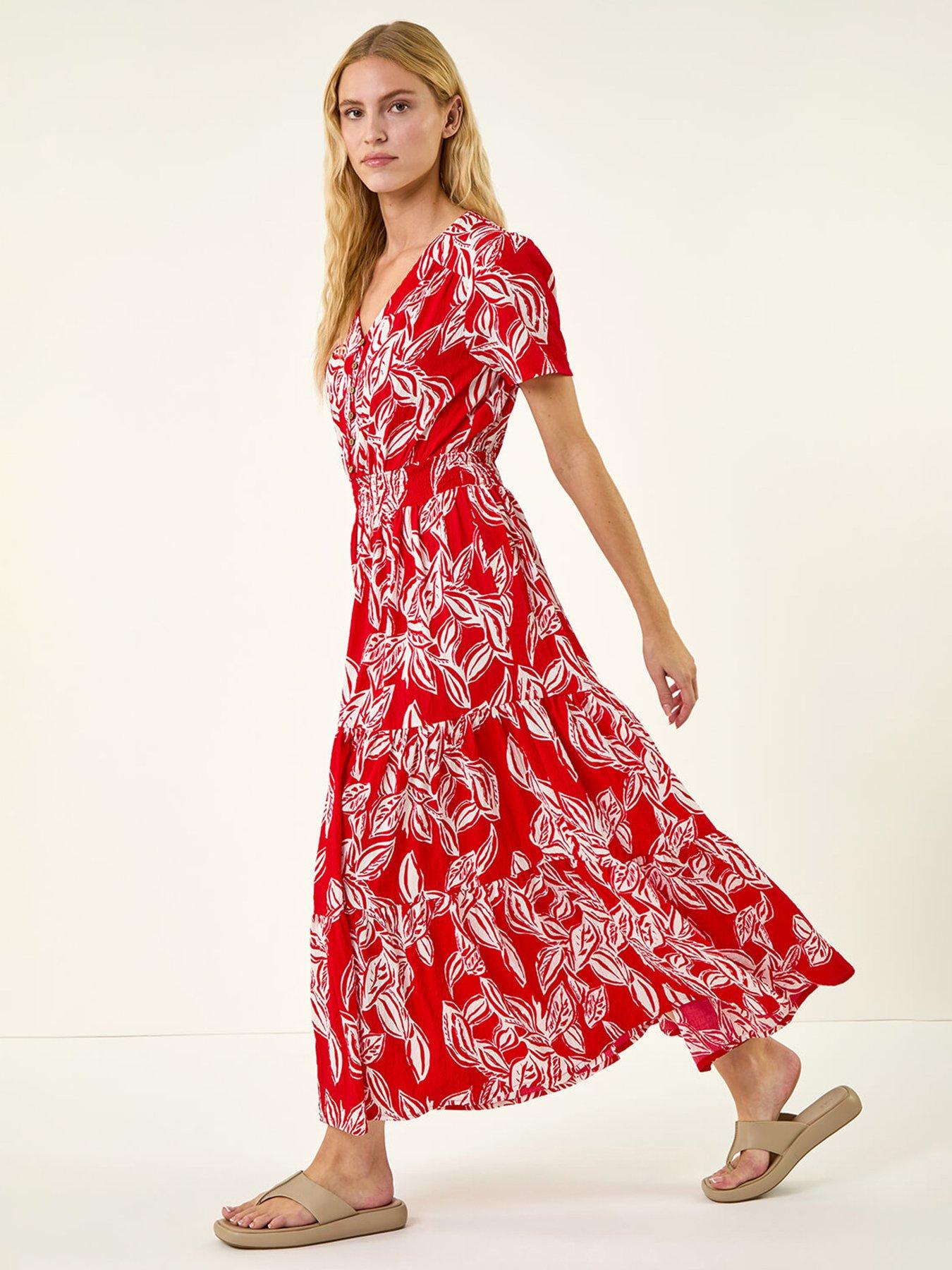 Roman Leaf Print Shirred Maxi Dress, Red, Size 18, Women
