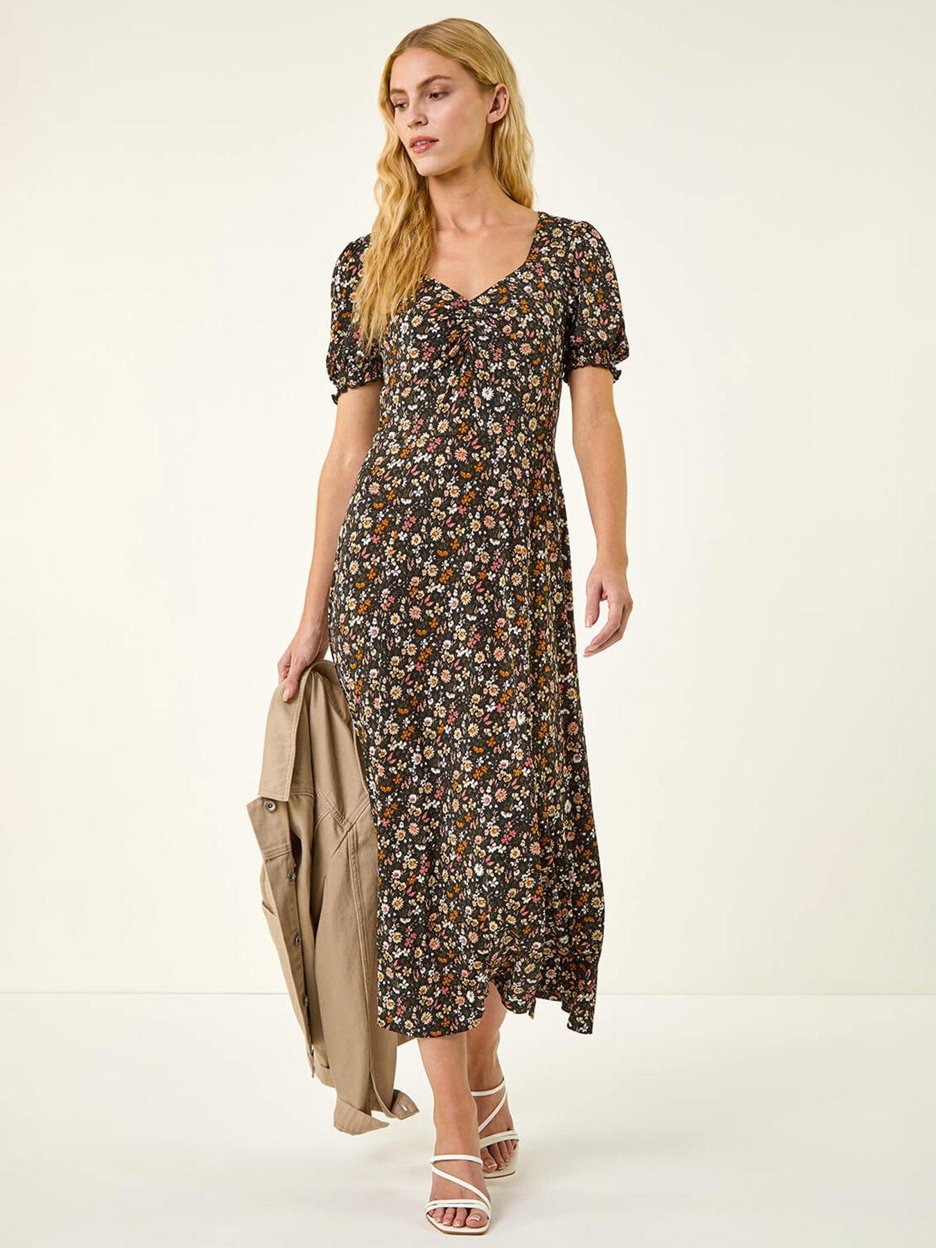Roman Floral Ruched Midi Dress, Pink, Size 18, Women