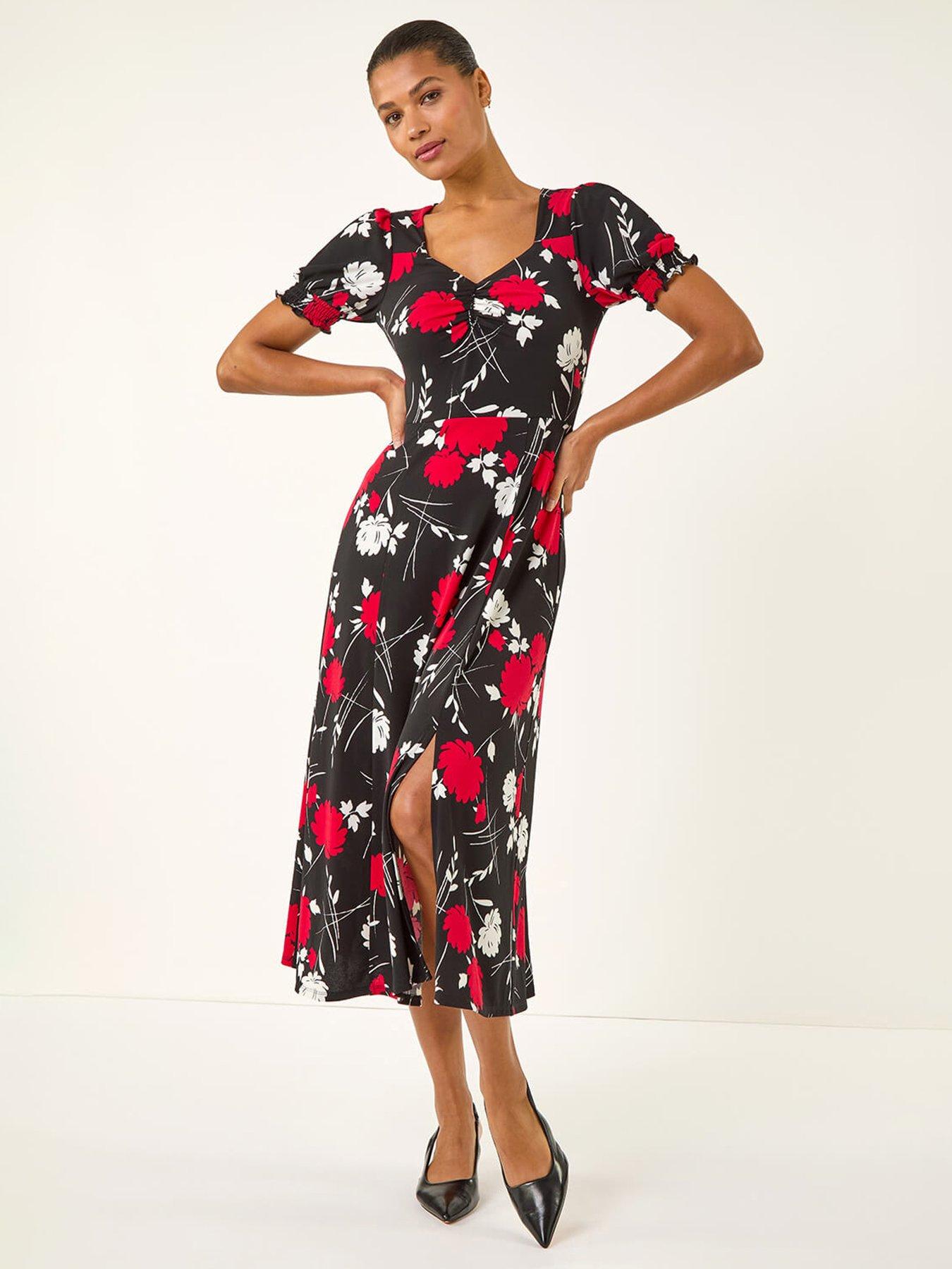 Roman Floral Print Ruched Midi Dress