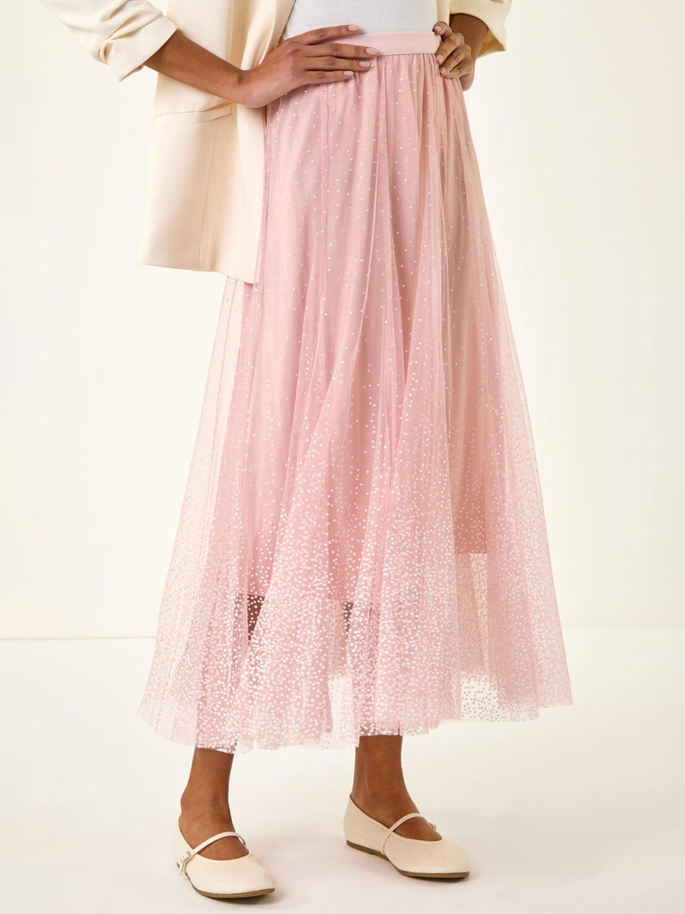 Roman Polka Dot Print Elasticated Mesh Skirt, Pink, Size 14, Women