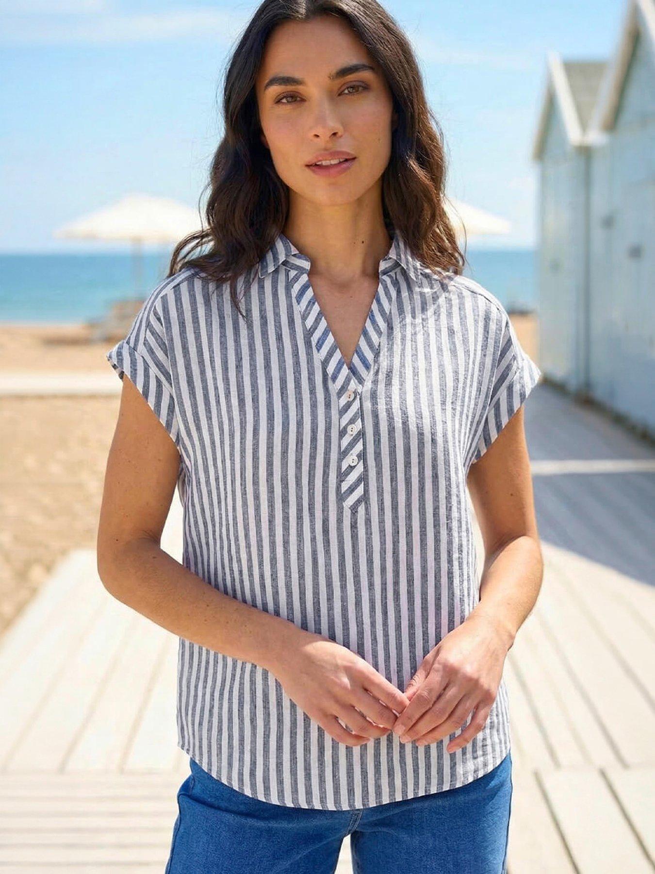 Roman Stripe Print Button Front Top, Blue, Size 10, Women
