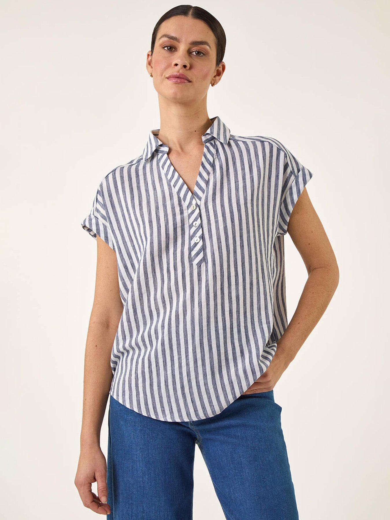 Roman Stripe Print Button Front Top