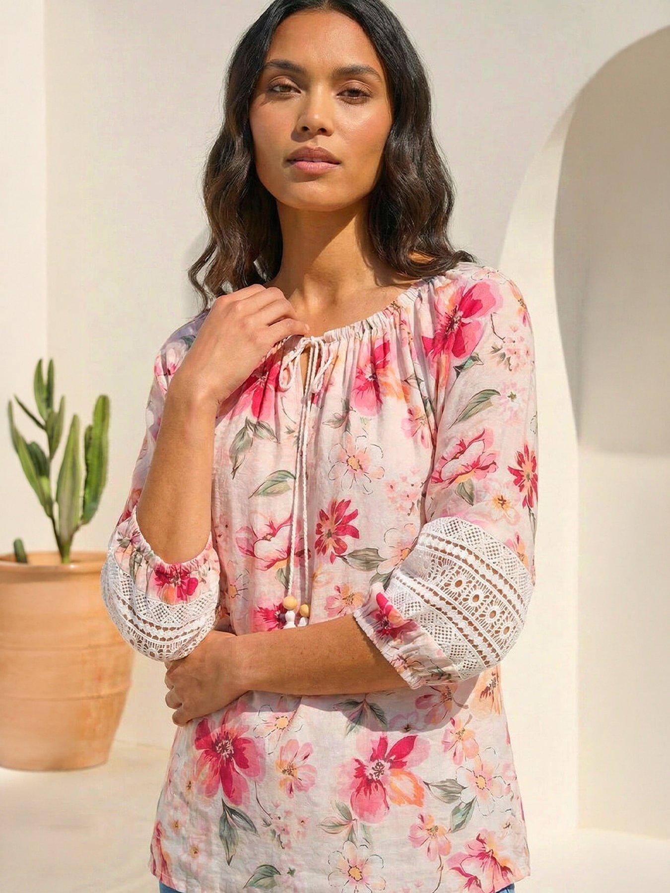 Roman Women's Pink Floral Tie Front Top In | Size: 18 - Image 4