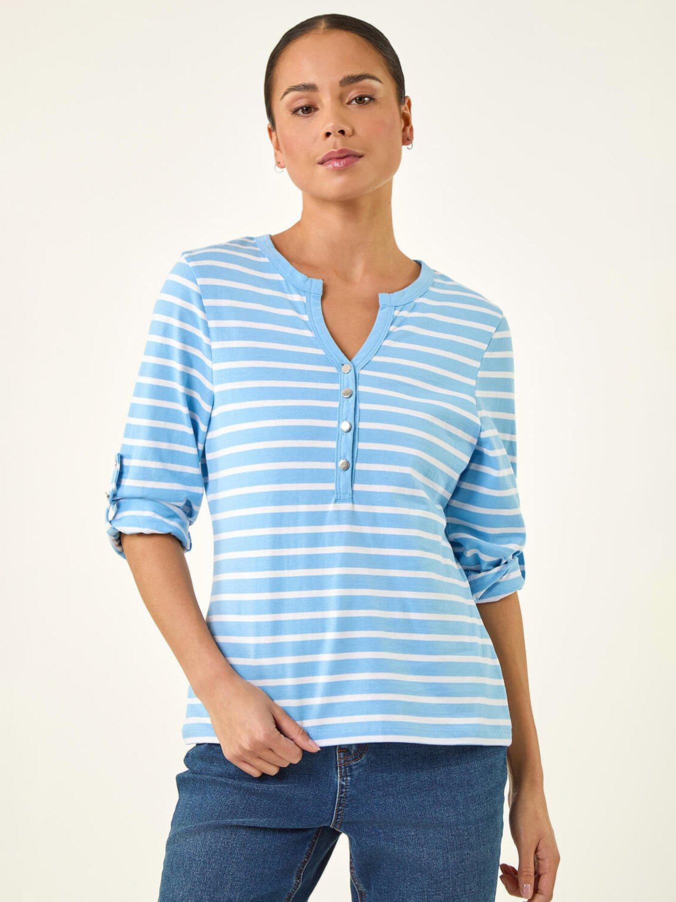 Roman Petite Stripe V-neck Button Top