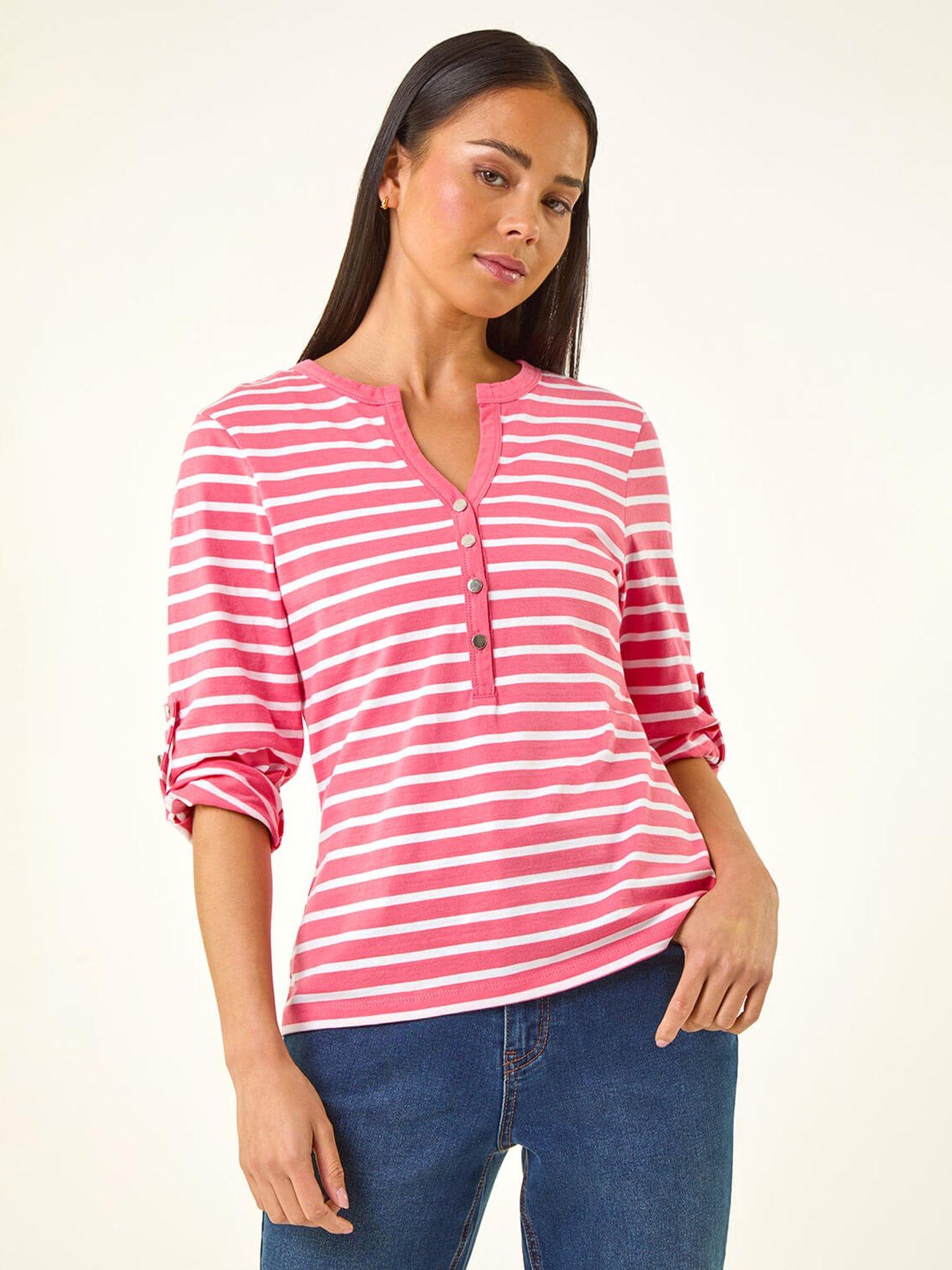 Roman Petite Stripe V-neck Button Top