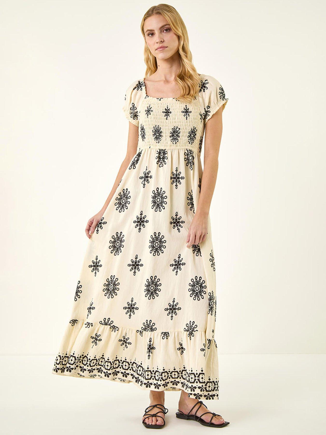 Roman Borderie Shirred Maxi Dress