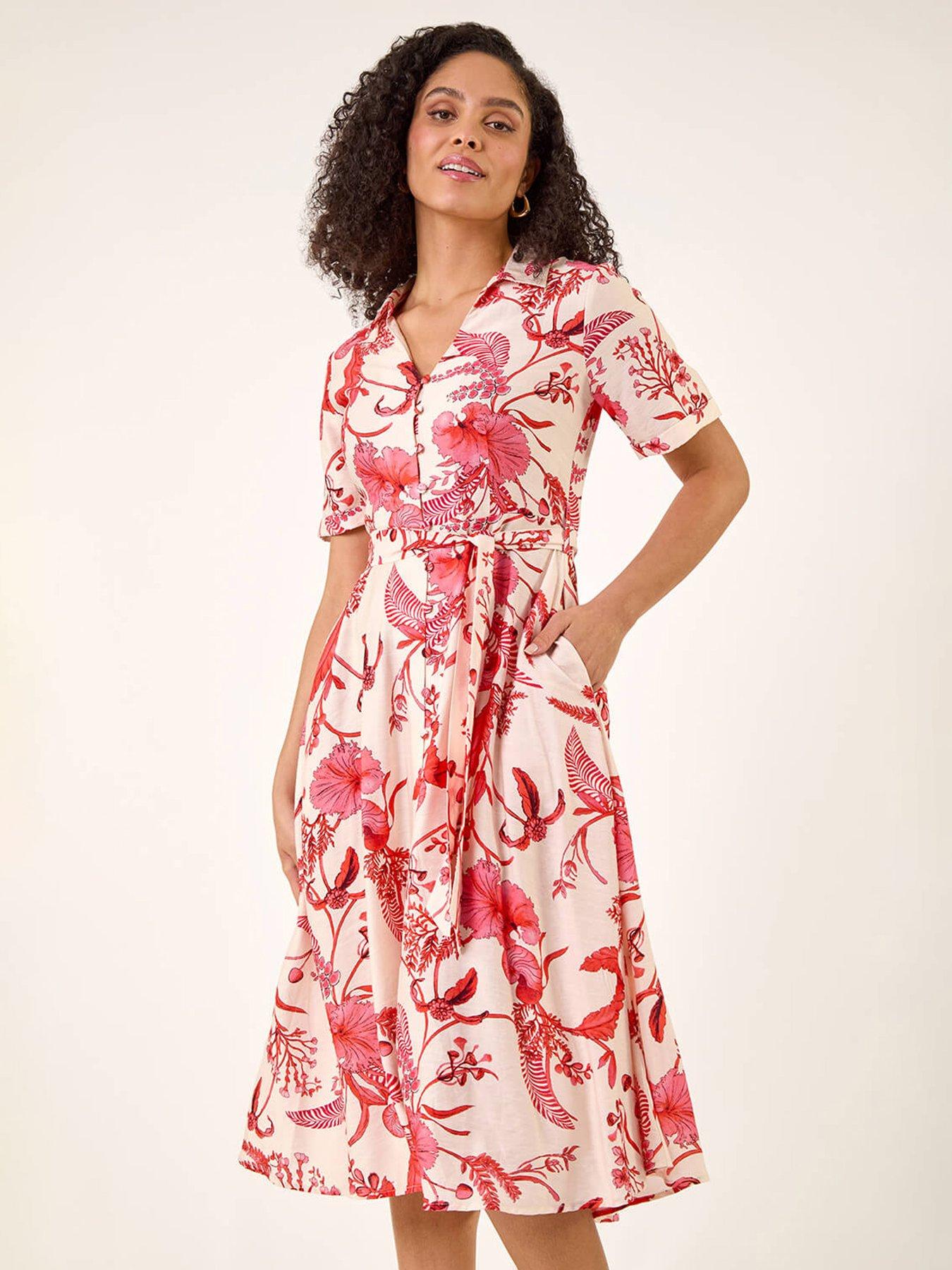 Roman Floral Tie Waist Shirt Dress
