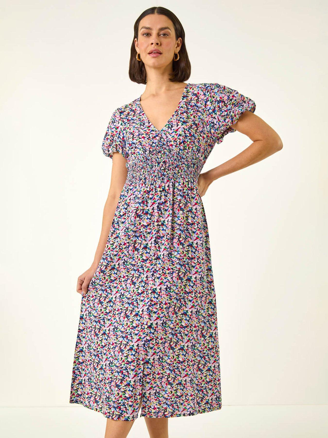 Roman Abstract Print Shirred Midi Dress, Pink, Size 10, Women