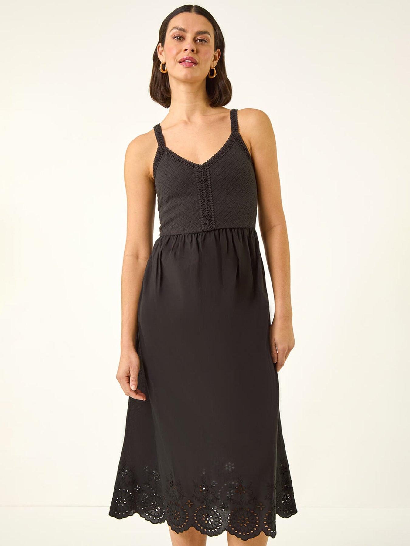 Roman Crochet Strappy Midi Dress, Black, Size 18, Women