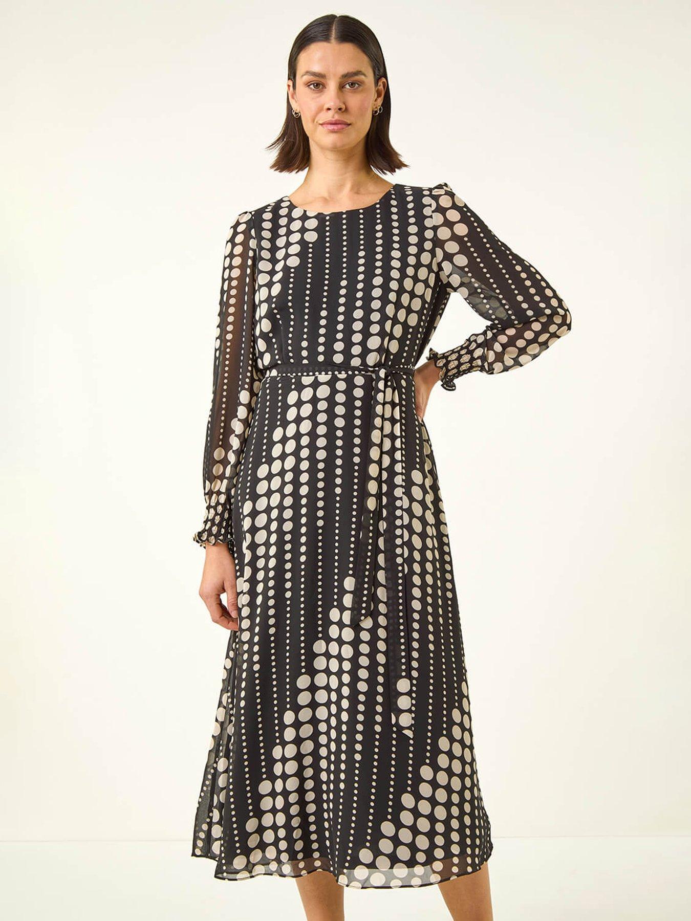 Roman Spot Print Shirred Midi Dress