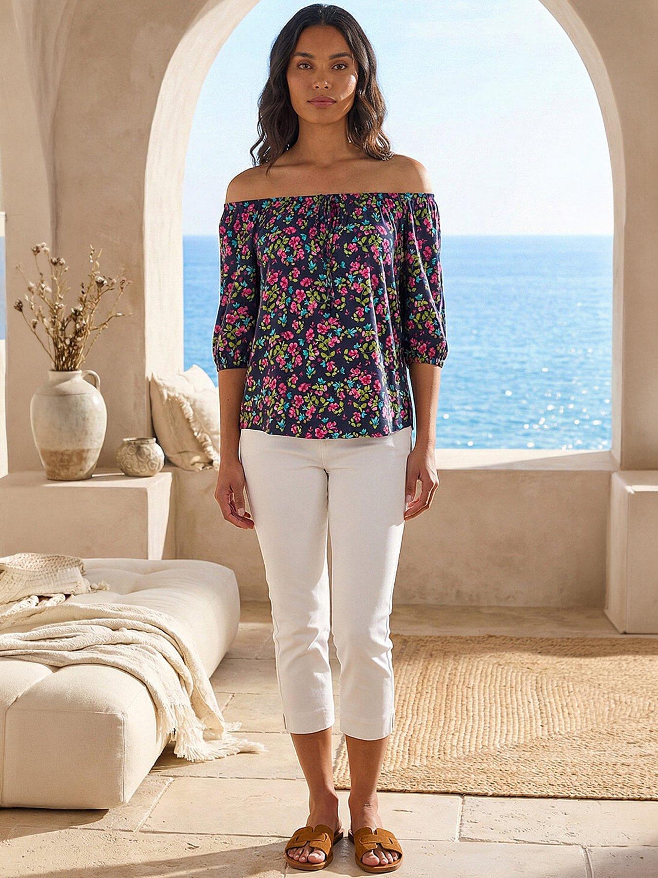 Roman Women's Pink Floral Print Stretch Bardot Top Size 16 - Image 2