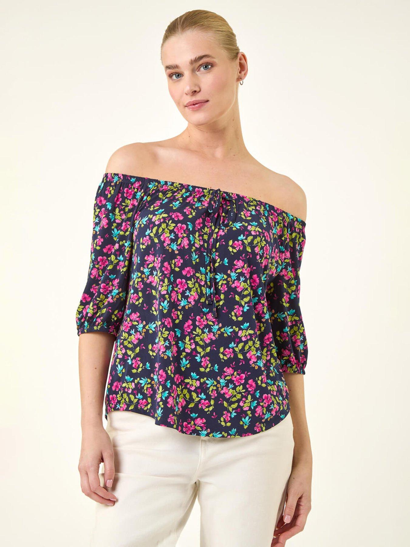 Roman Floral Print Stretch Bardot Top