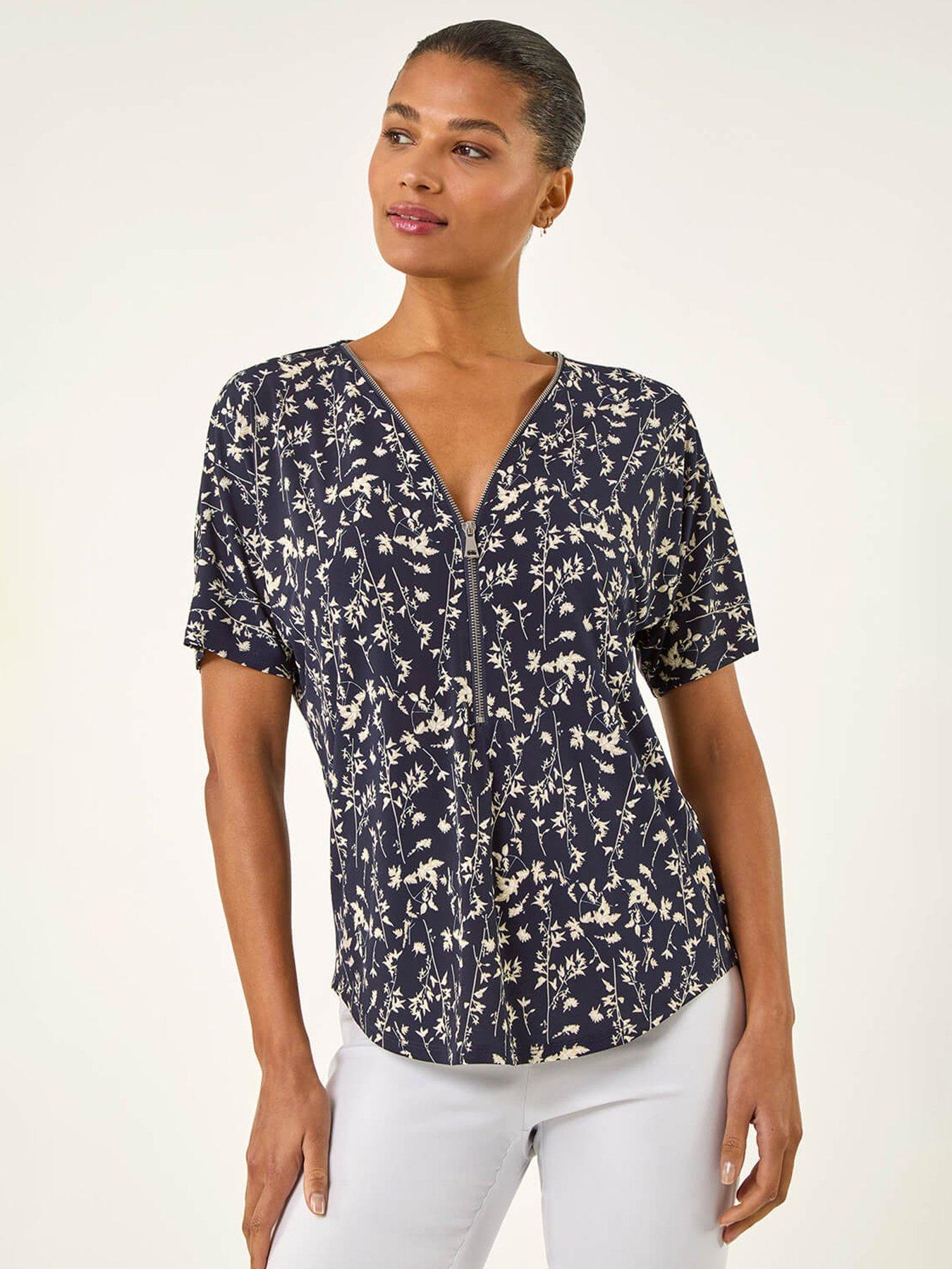 Roman Floral Puff Print Zip Front Top