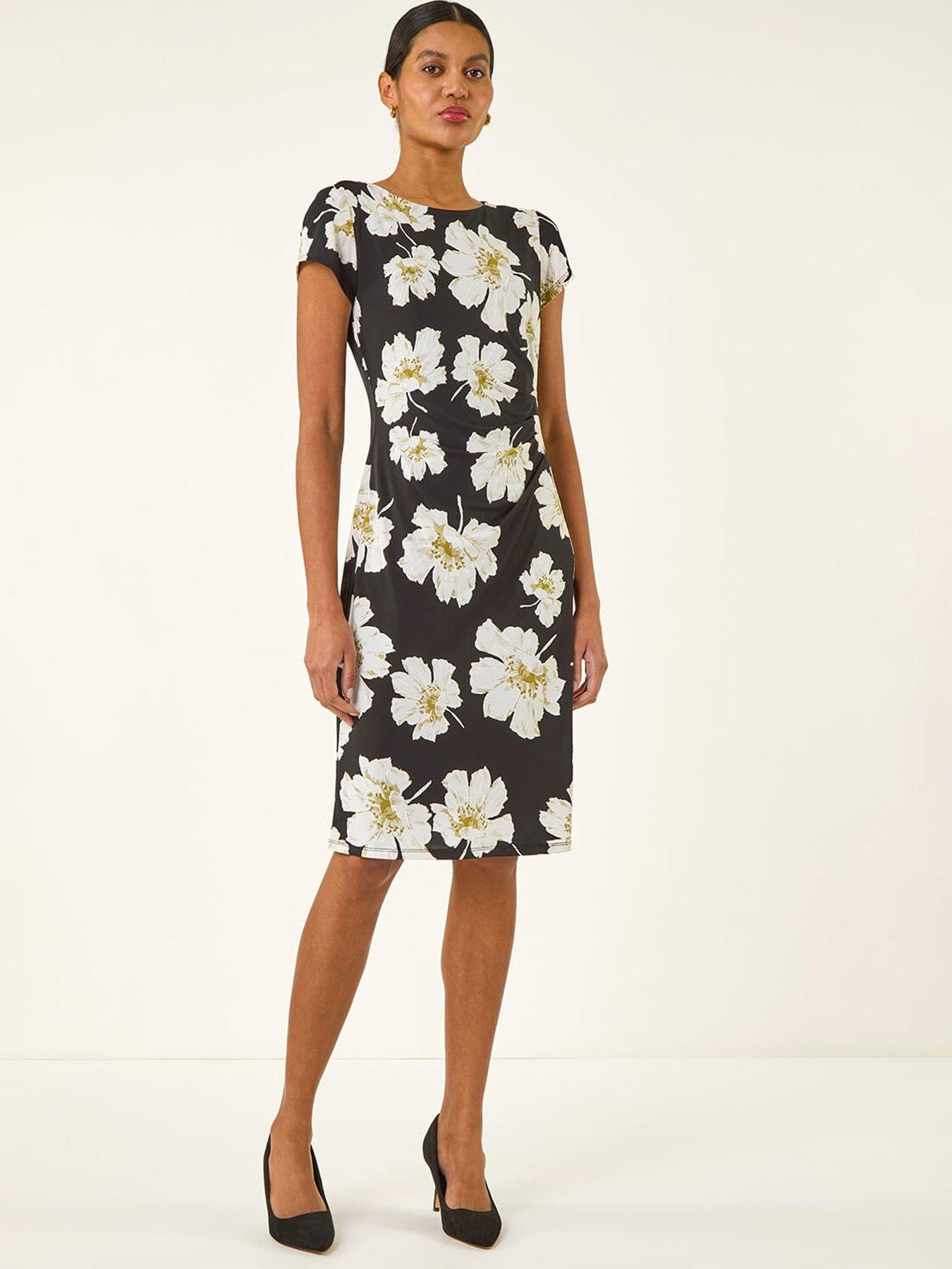 Roman Women's Black Floral Gathered Shift Dress Size 16 - Image 3