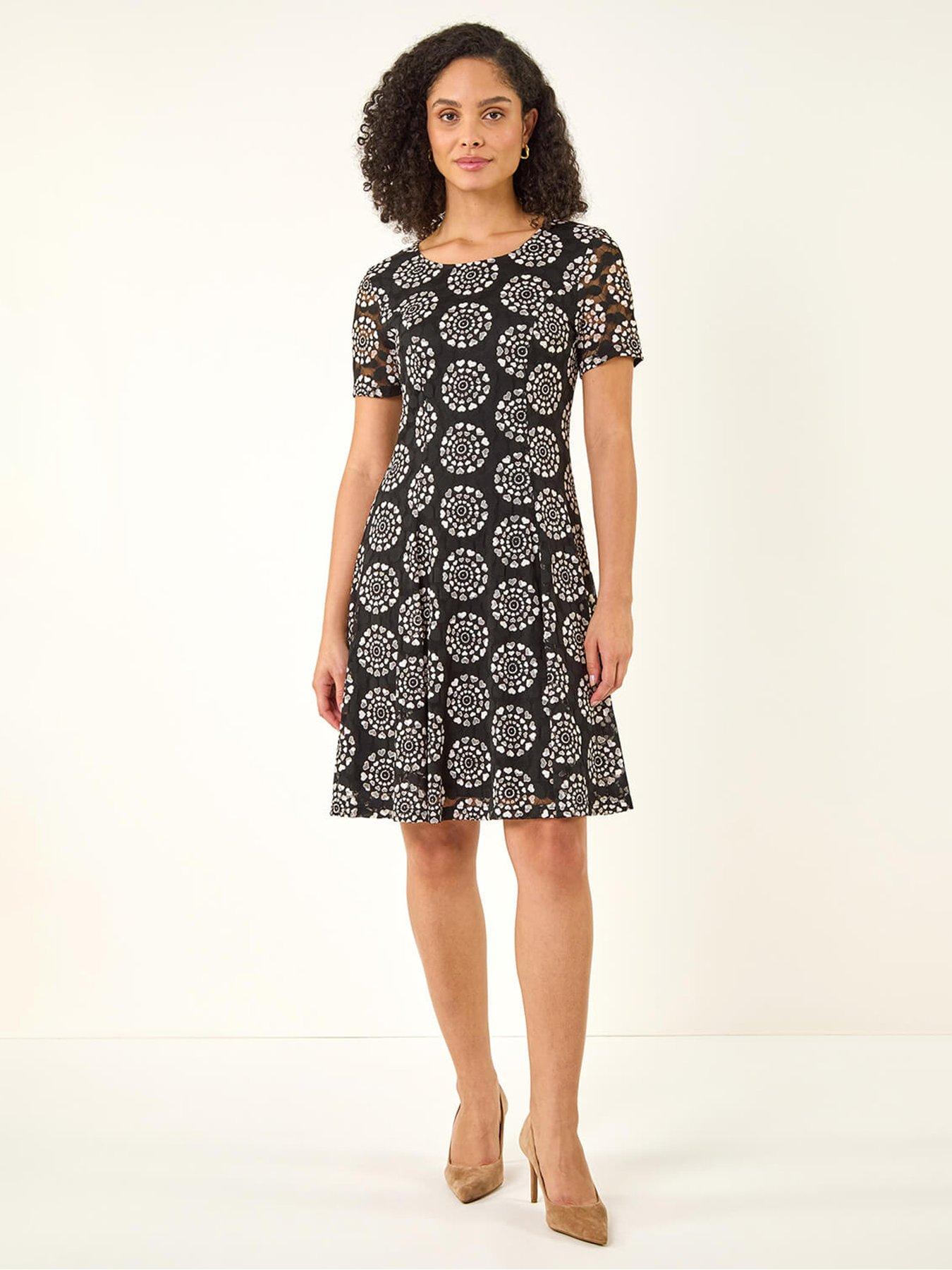 Roman Heart Circle Lace Stretch Dress, Black, Size 18, Women