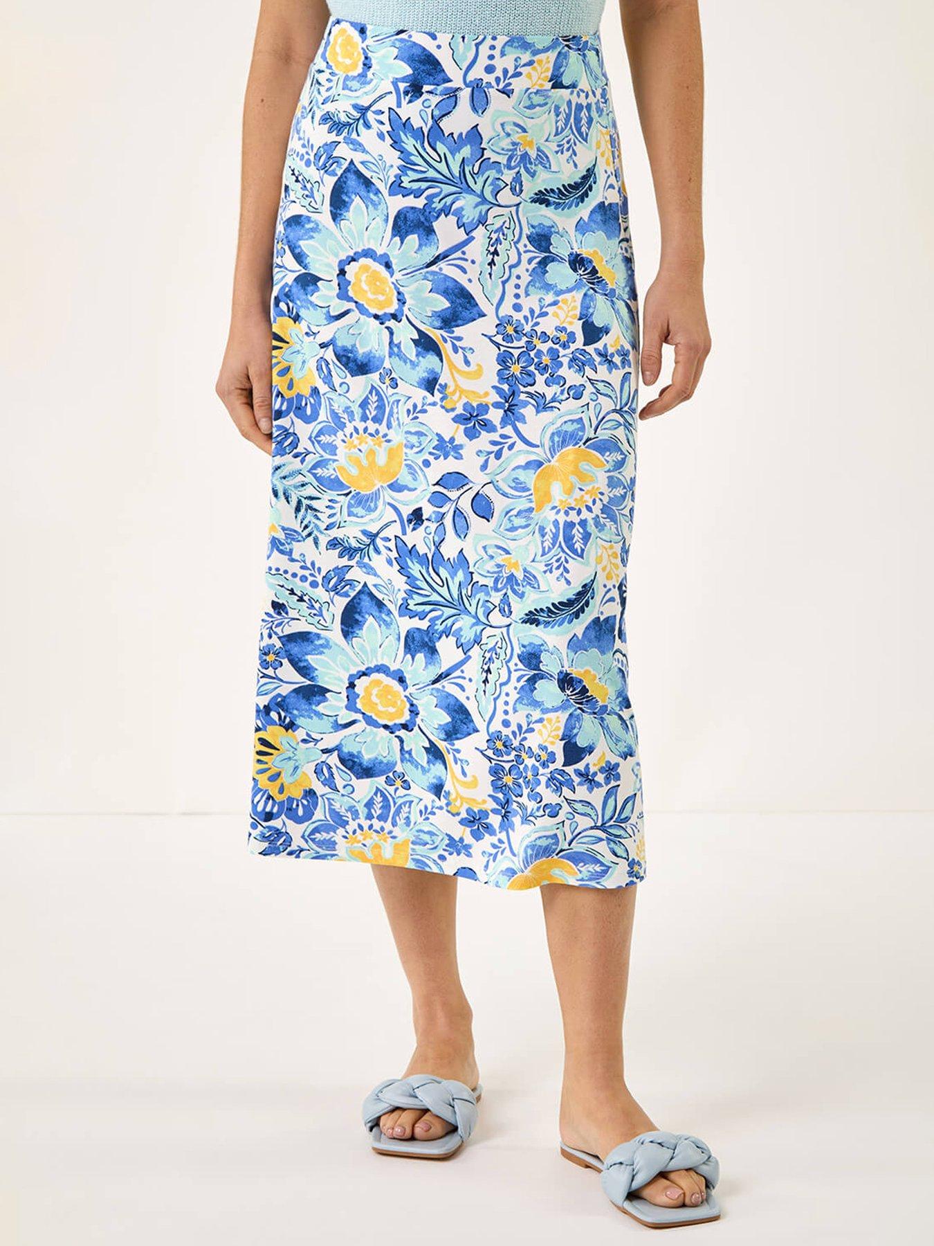 Roman Floral Print Stretch Midi Skirt