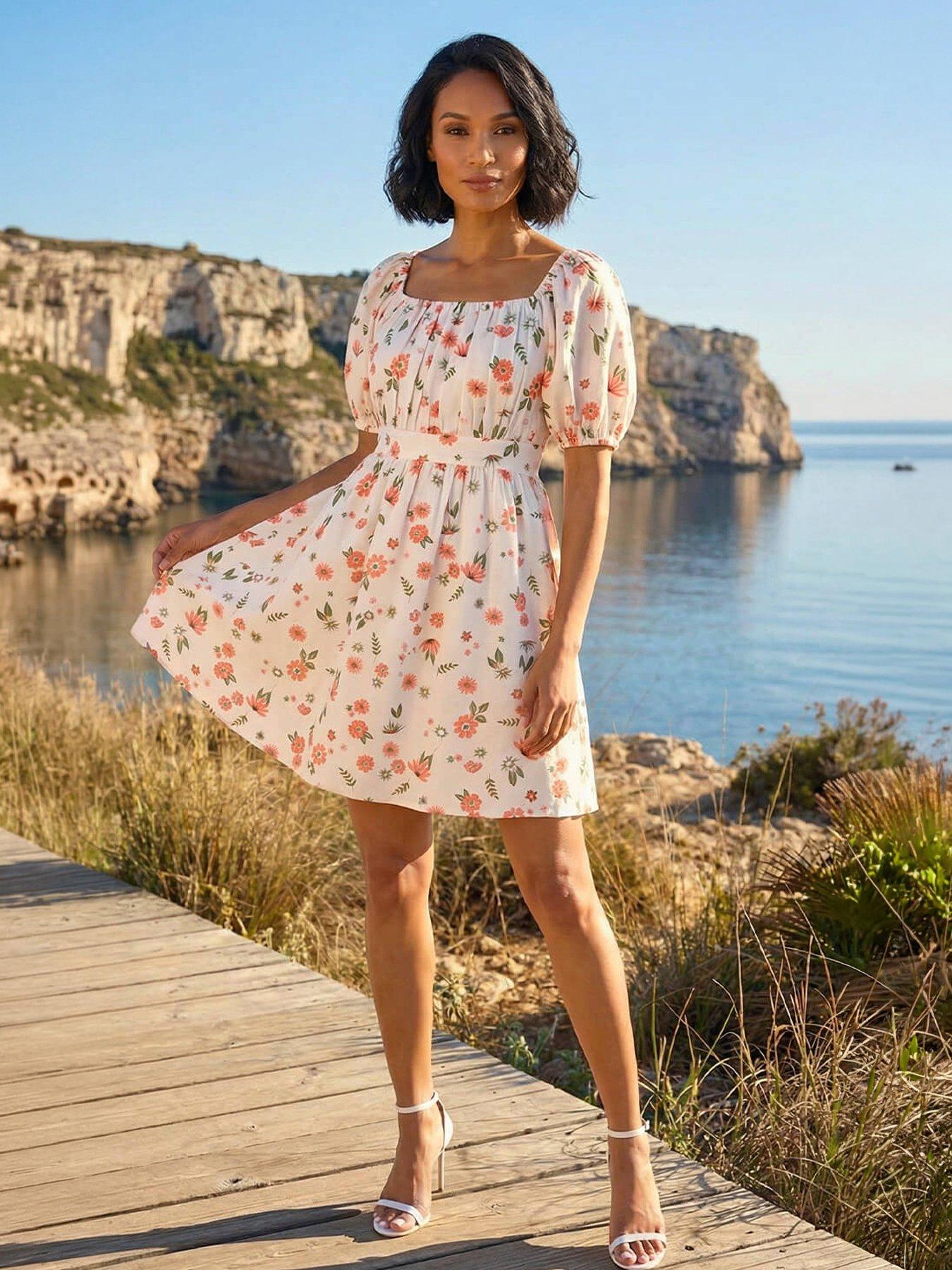 Roman Dusk Floral Print Shirred Dress