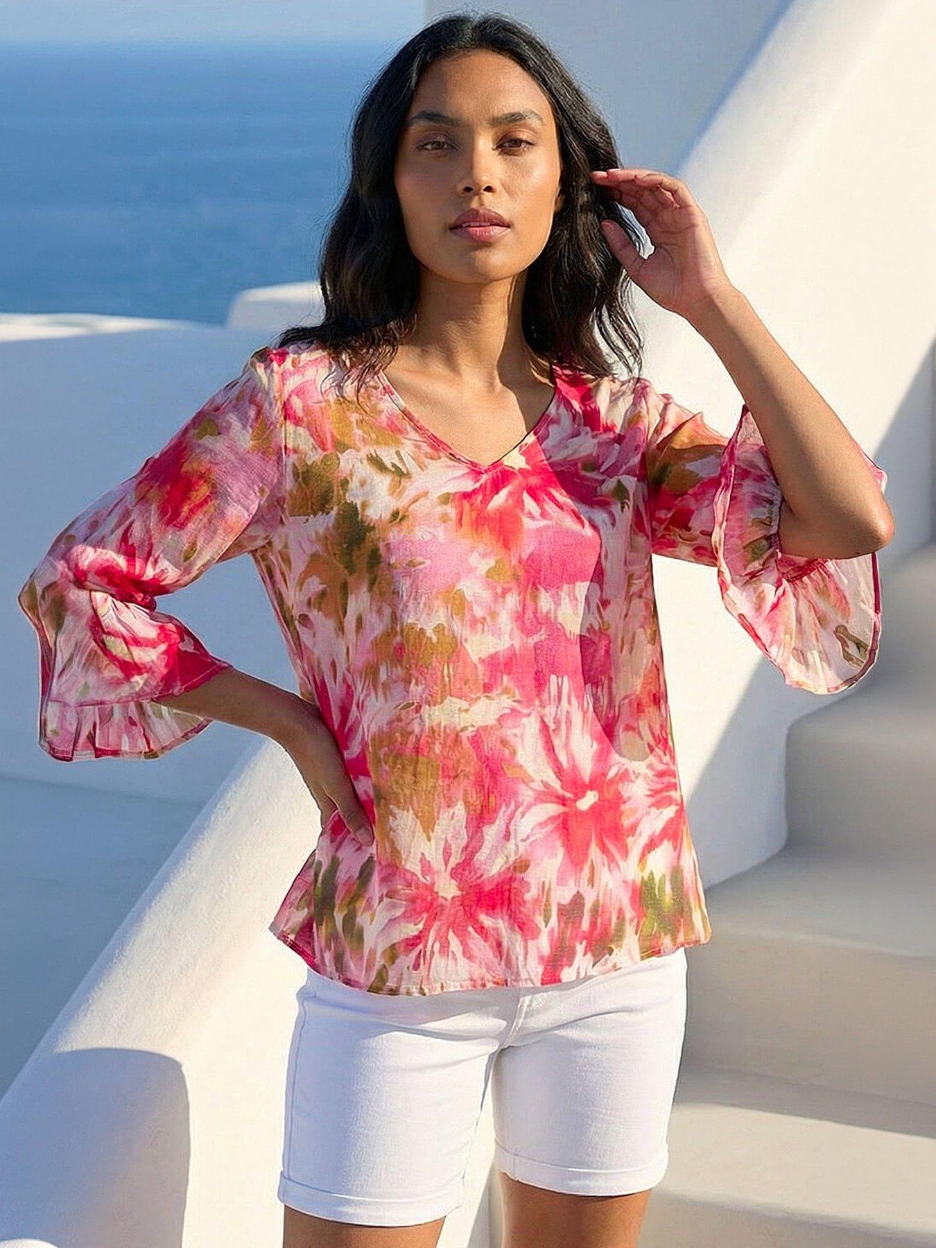 Roman Abstract Floral Flare Sleeve Top, Pink, Size 14, Women