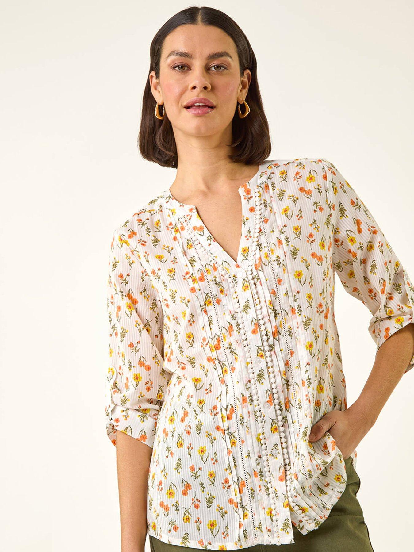 Image 1 of 5 of Roman Floral Print Trim Blouse