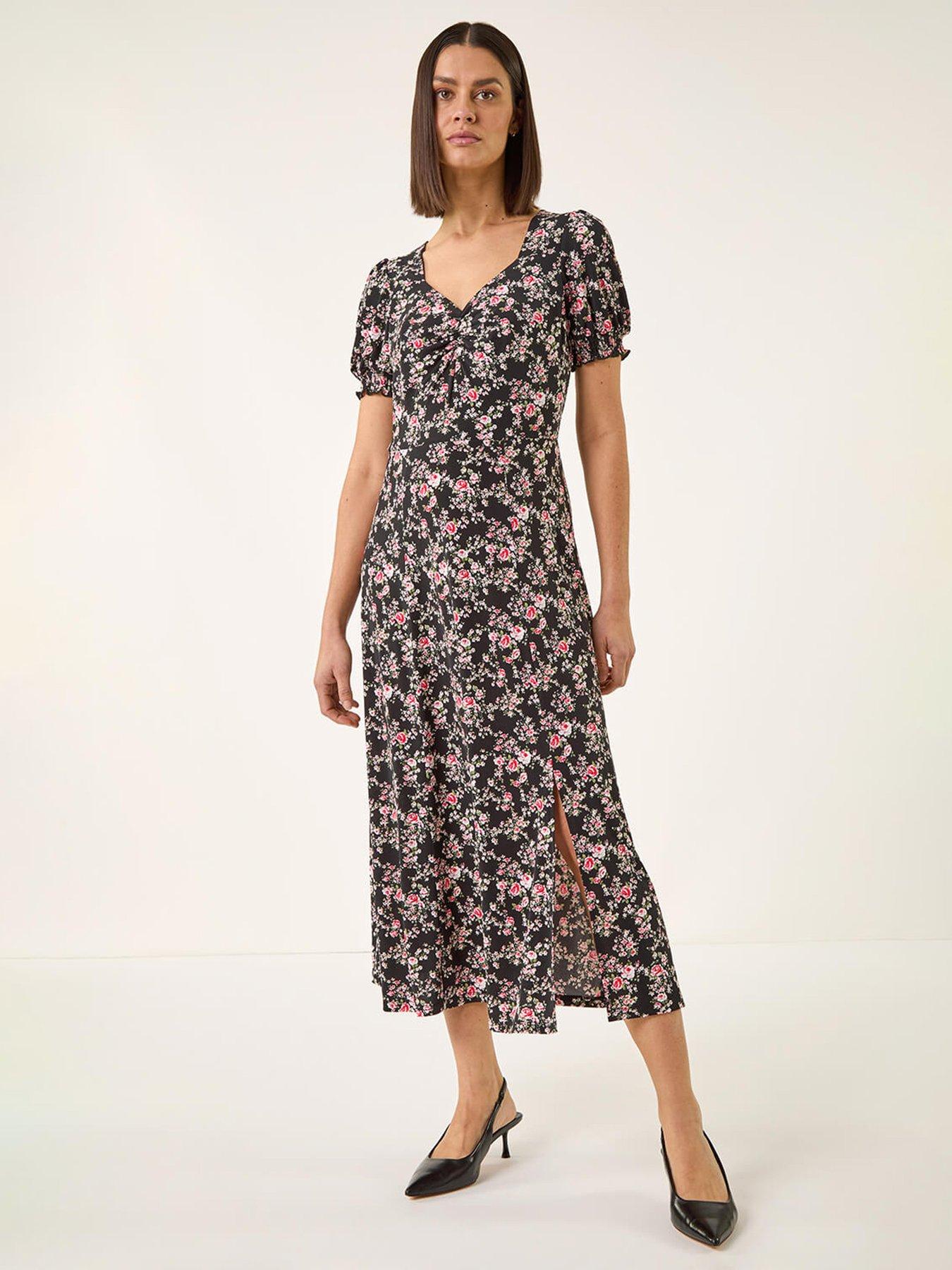 Roman Rose Print Ruched Midi Dress
