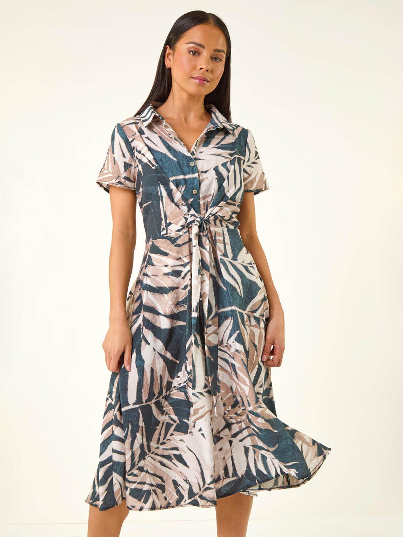 Roman Petite Leaf Print Tie Midi Dress